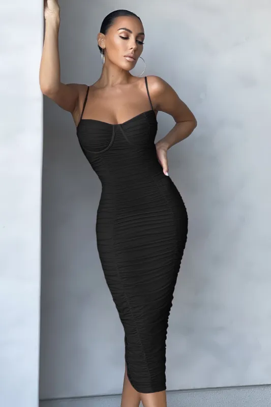 Love Tapes | Black Corset Mesh Midi Dress sold by Club L London