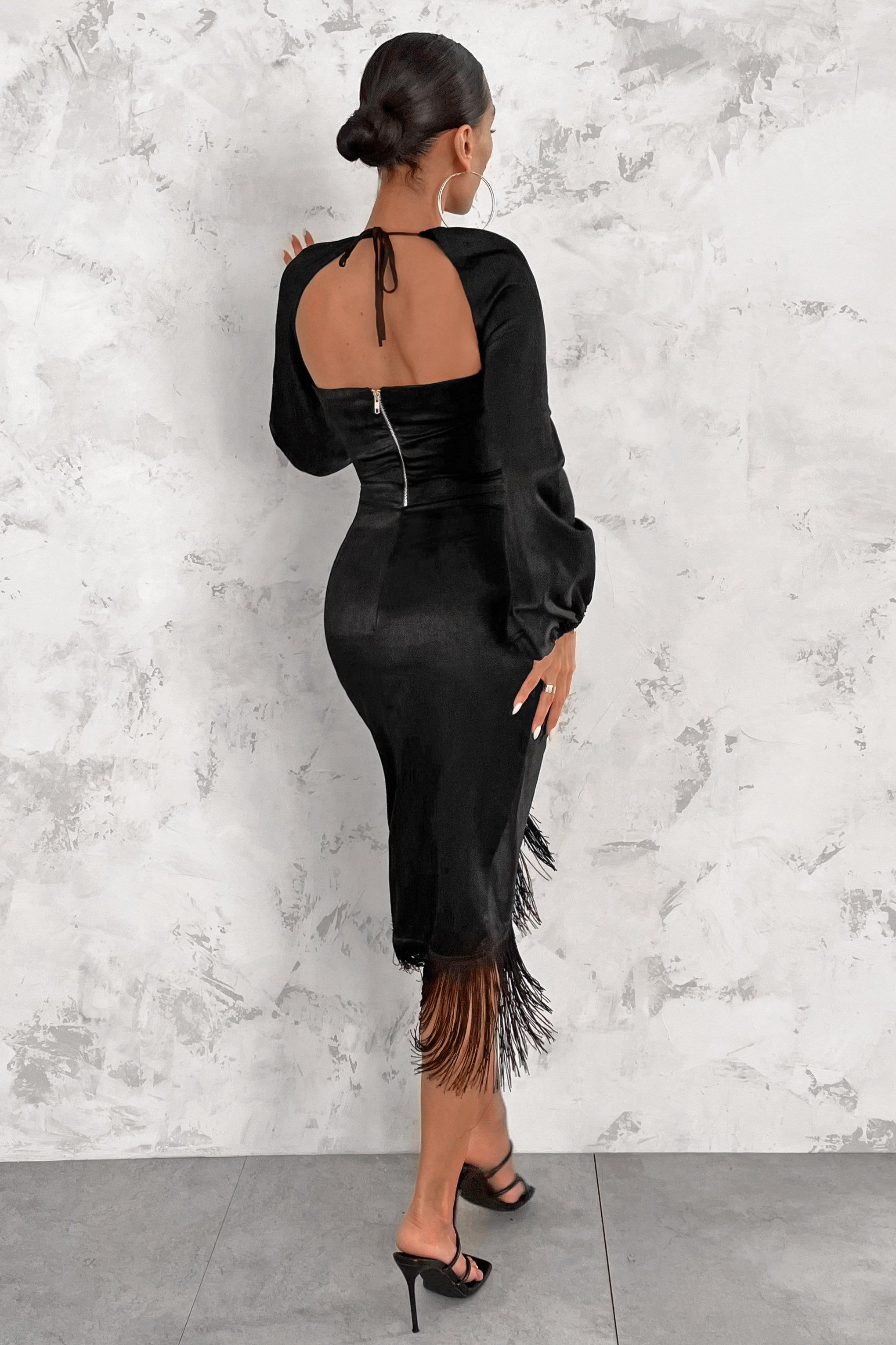 Unspoken | Black Ruched Midi Skirt With Split And Tassel Detail sold by Club L London product image thumbnail 6