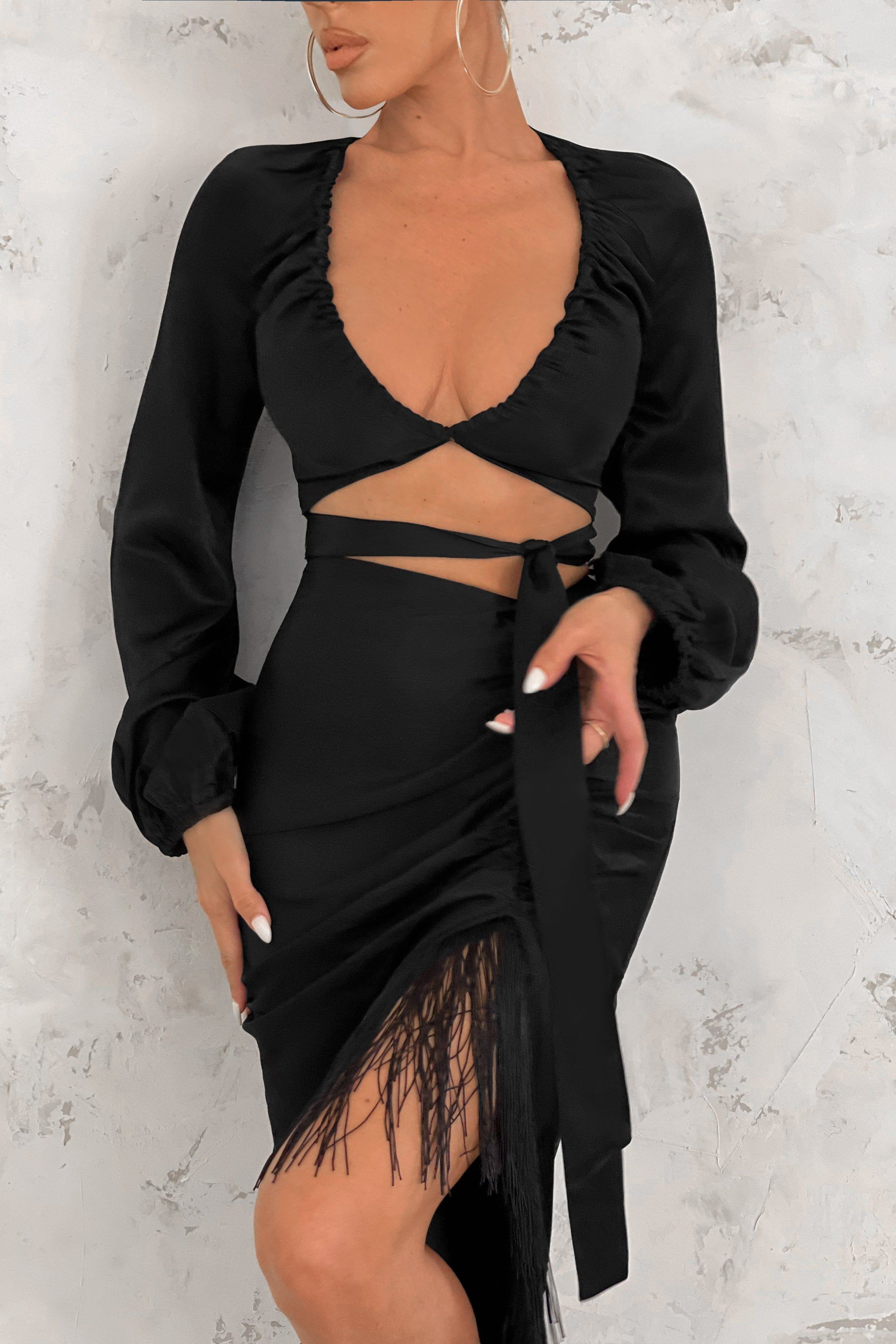 Unspoken | Black Ruched Midi Skirt With Split And Tassel Detail sold by Club L London product image thumbnail 7