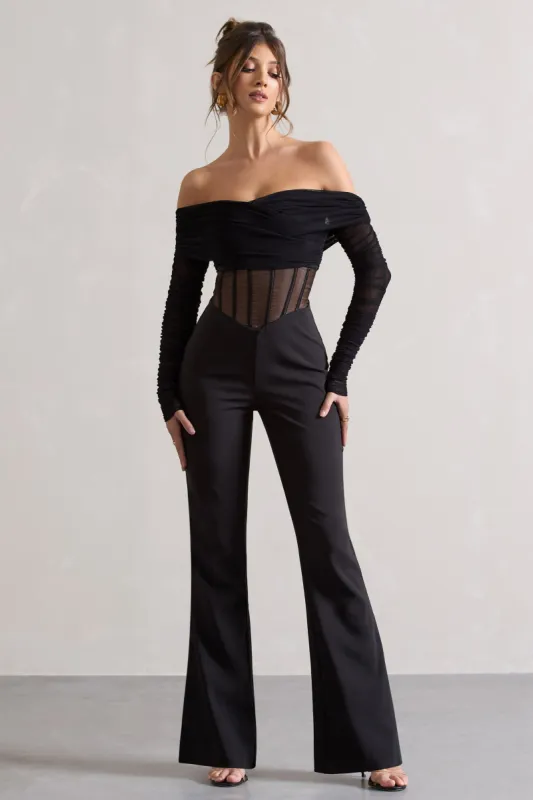 Into The Night | Black Sheer Bardot Long-Sleeved Corset Jumpsuit sold by Club L London