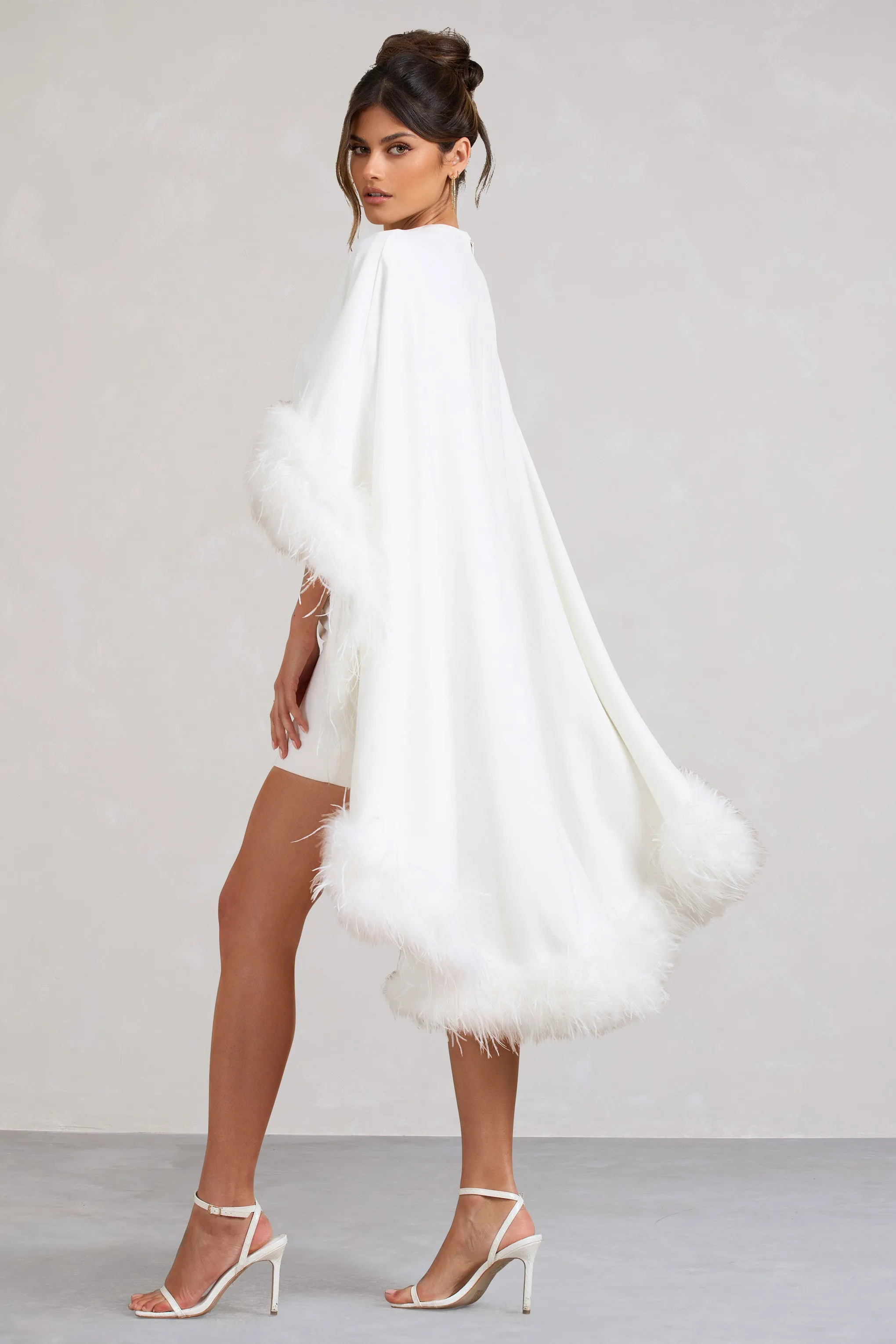 Of The Manor | White Gathered Mini Dress With Feather Cape sold by Club L London product image thumbnail 2