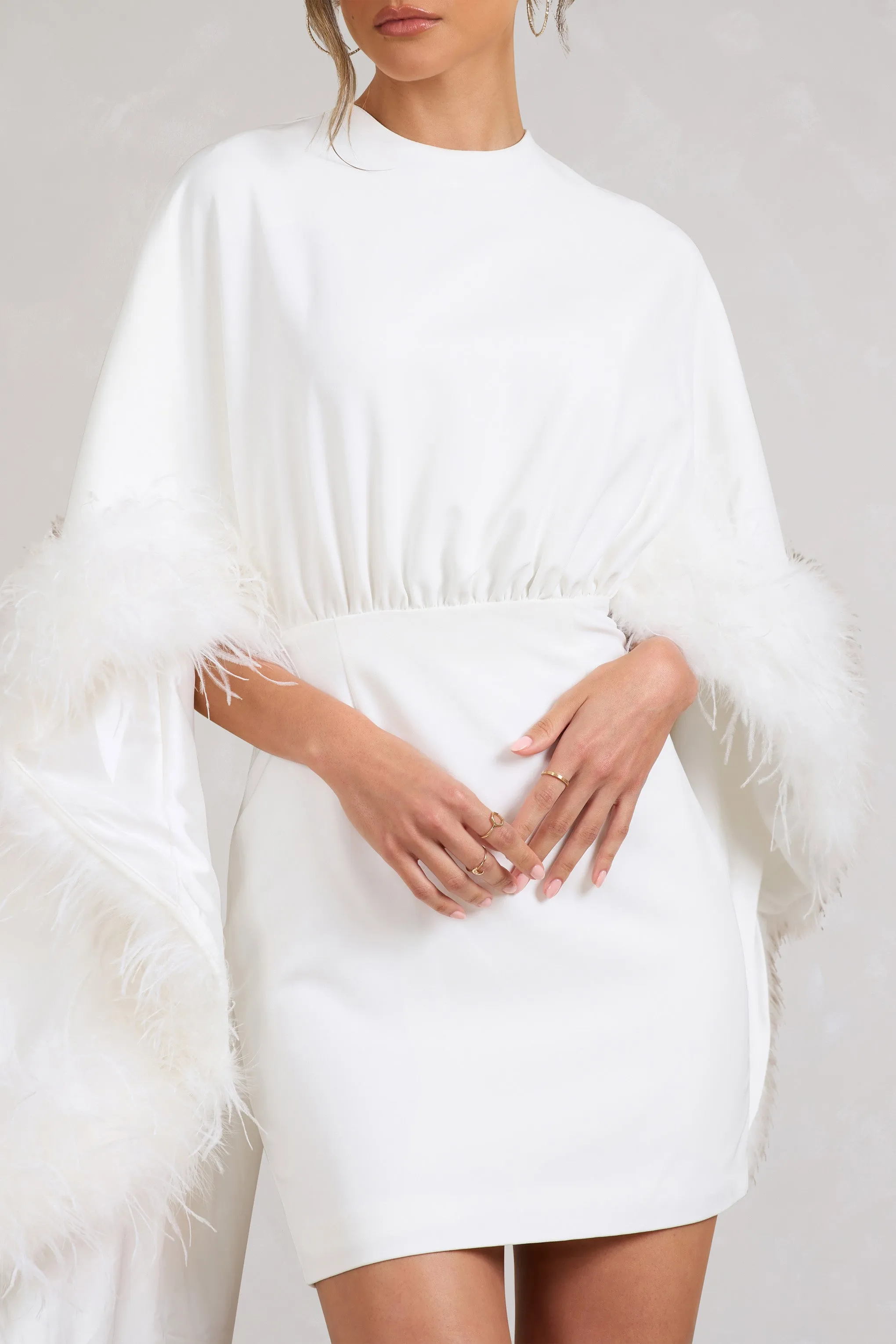 Of The Manor | White Gathered Mini Dress With Feather Cape sold by Club L London product image thumbnail 4