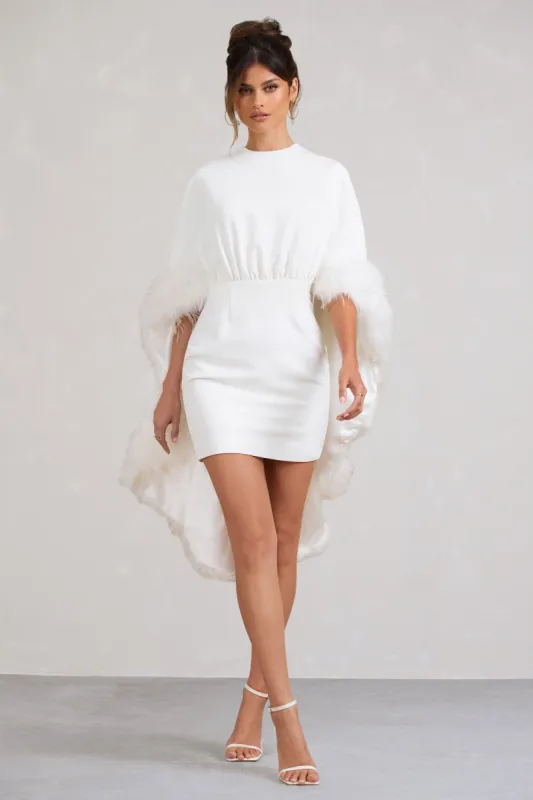 Of The Manor | White Gathered Mini Dress With Feather Cape sold by Club L London