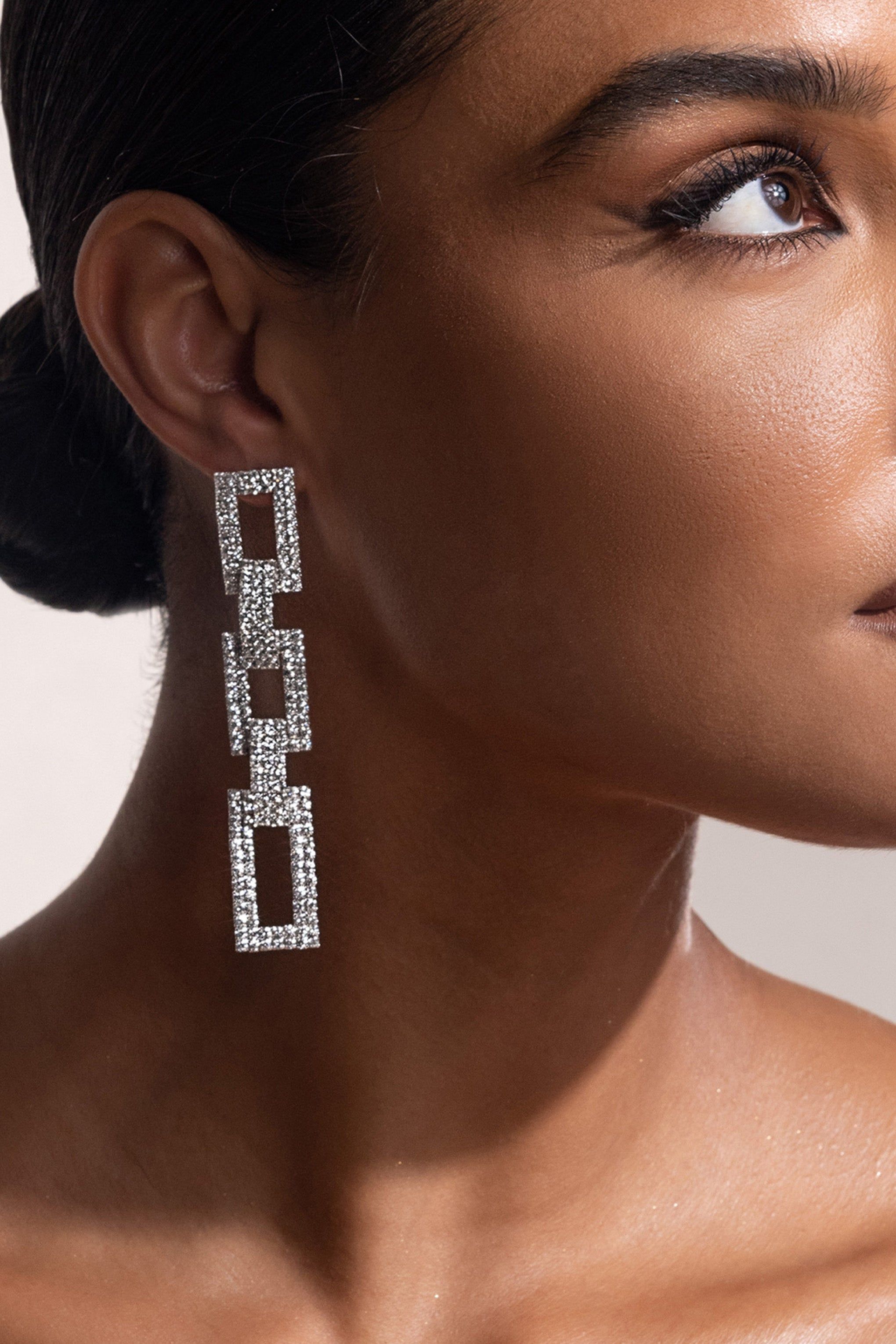 Pasqualina | Silver Diamante Chain Drop Earrings sold by Club L London product image thumbnail 3