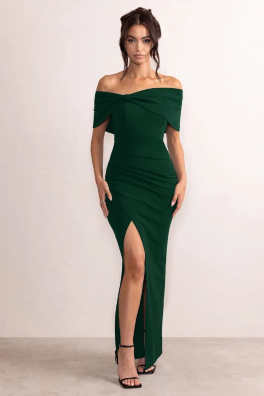 Eva | Bottle Green Bardot Bow Detail Maxi Dress With Thigh Split sold by Club L London