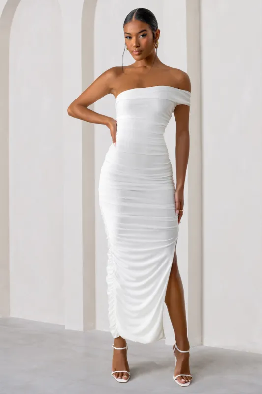 Celine | White Asymmetric One Shoulder Ruched Maxi Dress With Curved Cut Out sold by Club L London