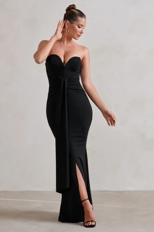 Carrie | Black Sweetheart Neckline Maxi Dress With Statement Tie sold by Club L London
