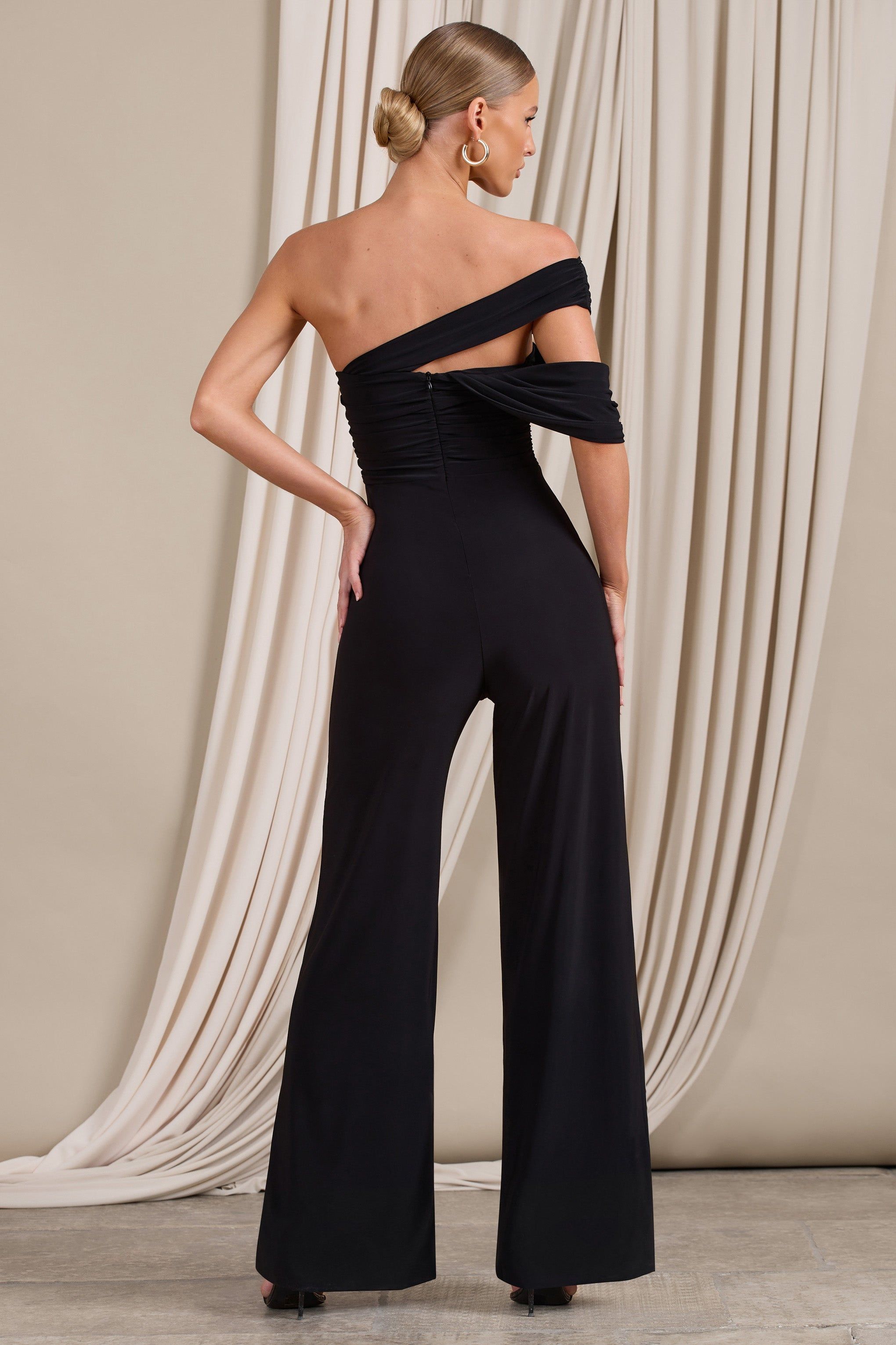 Candy | Black Asymmetric One Shoulder Ruched Jumpsuit sold by Club L London product image thumbnail 2
