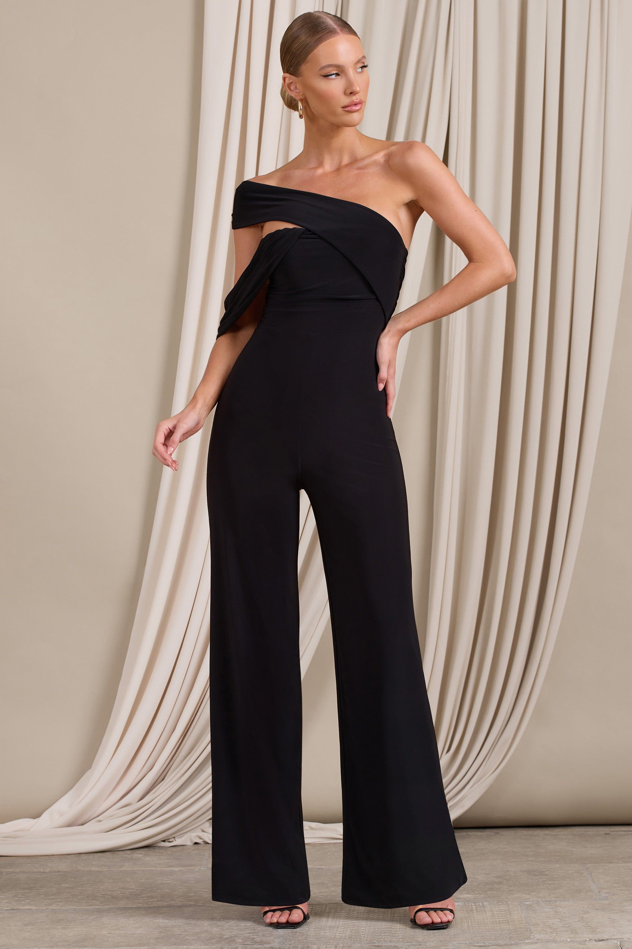 Candy | Black Asymmetric One Shoulder Ruched Jumpsuit sold by Club L London