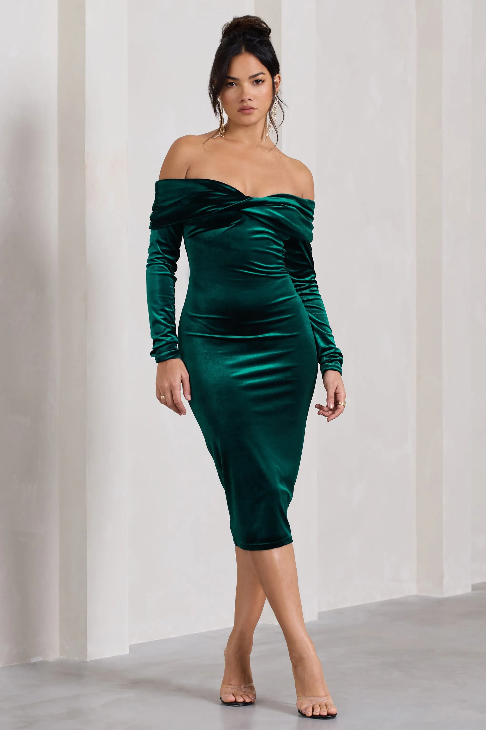 Compliment | Bottle Green Velvet Bardot Midi Dress sold by Club L London product image thumbnail 5