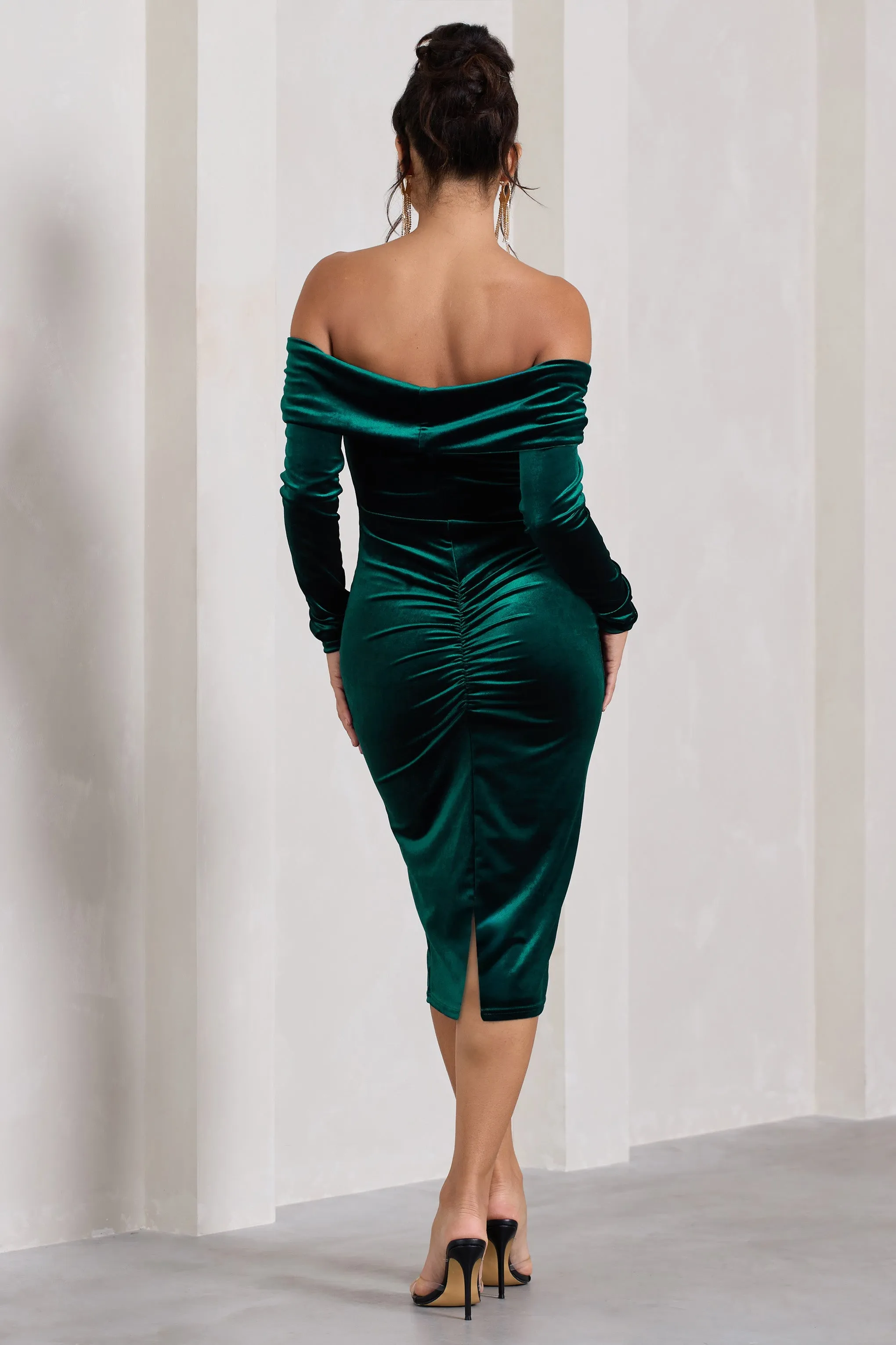 Compliment | Bottle Green Velvet Bardot Midi Dress sold by Club L London product image thumbnail 2