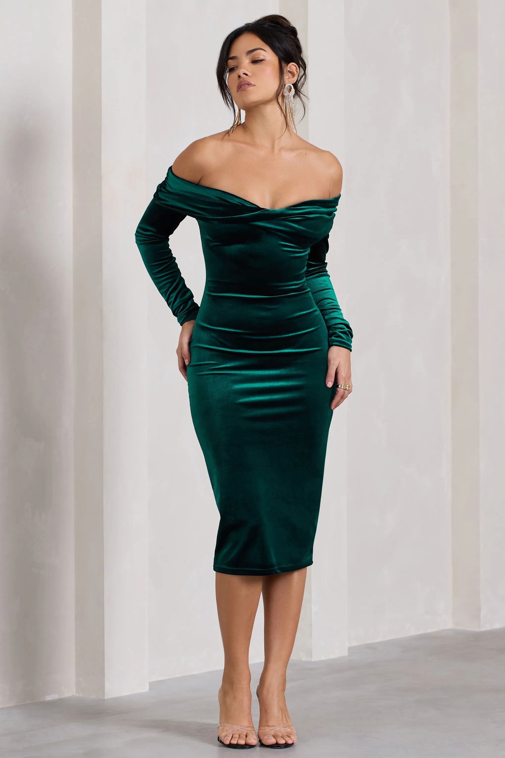 Compliment | Bottle Green Velvet Bardot Midi Dress sold by Club L London product image thumbnail 4