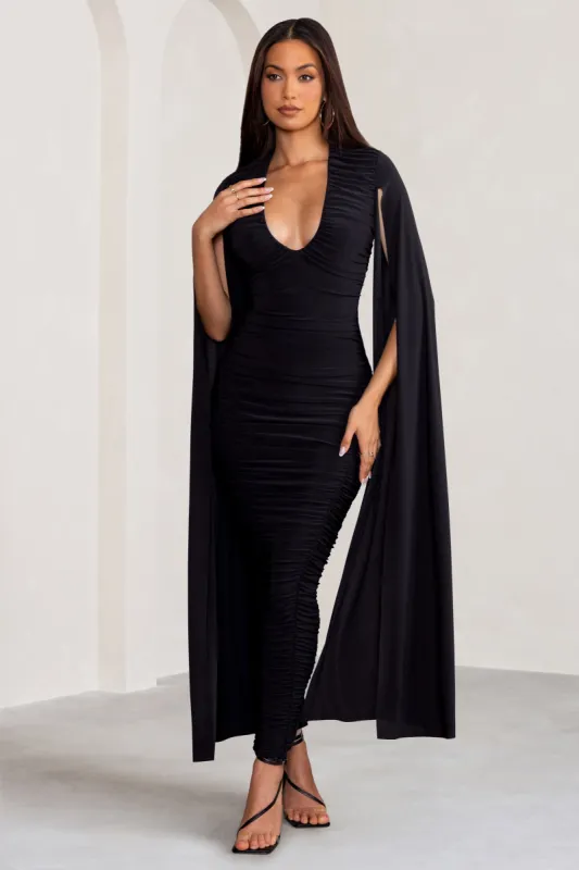 Georgiana | Black Plunge Ruched Maxi Dress with Cape Sleeves sold by Club L London