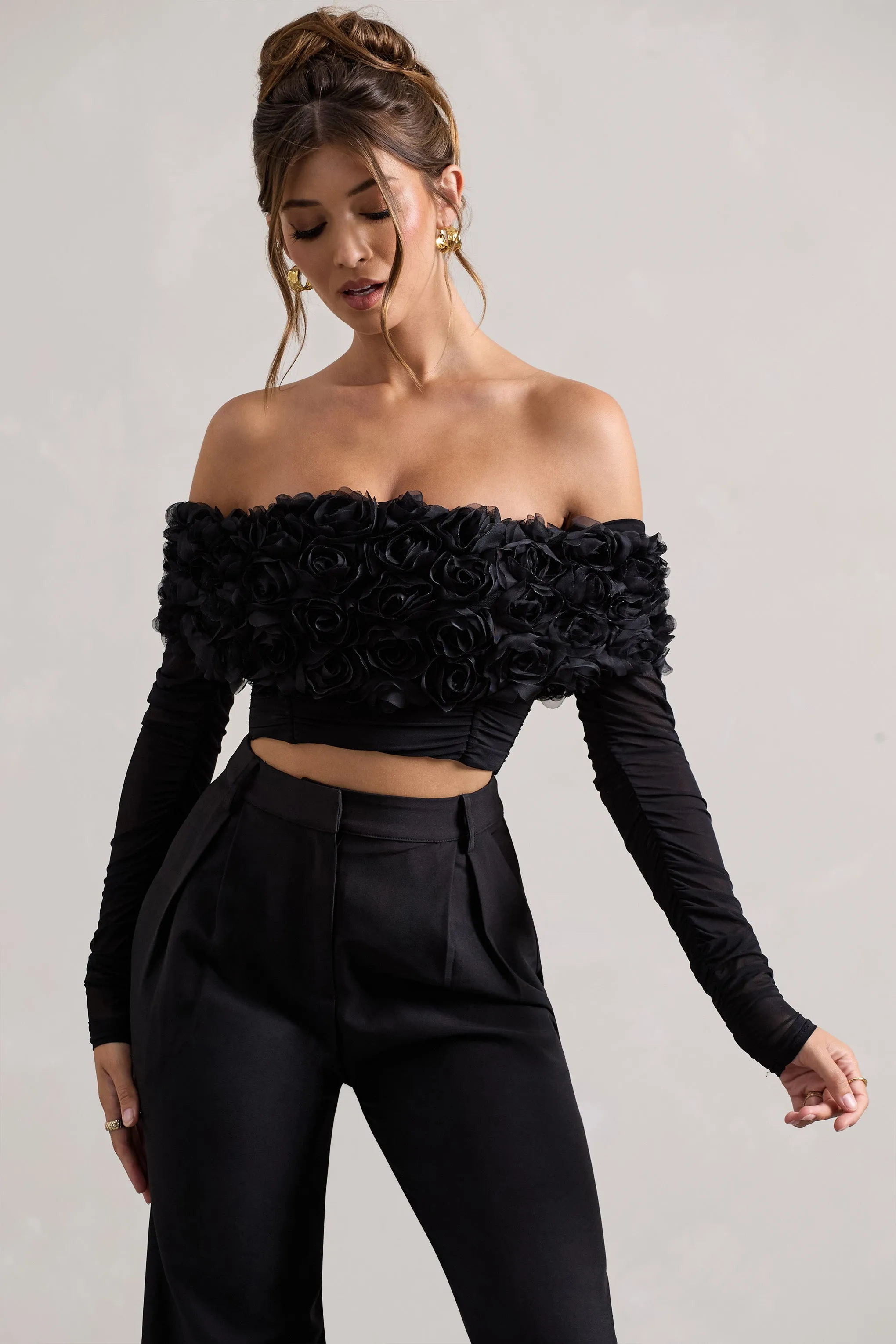 Libbie | Black Mesh Floral Bardot Top sold by Club L London product image thumbnail 5