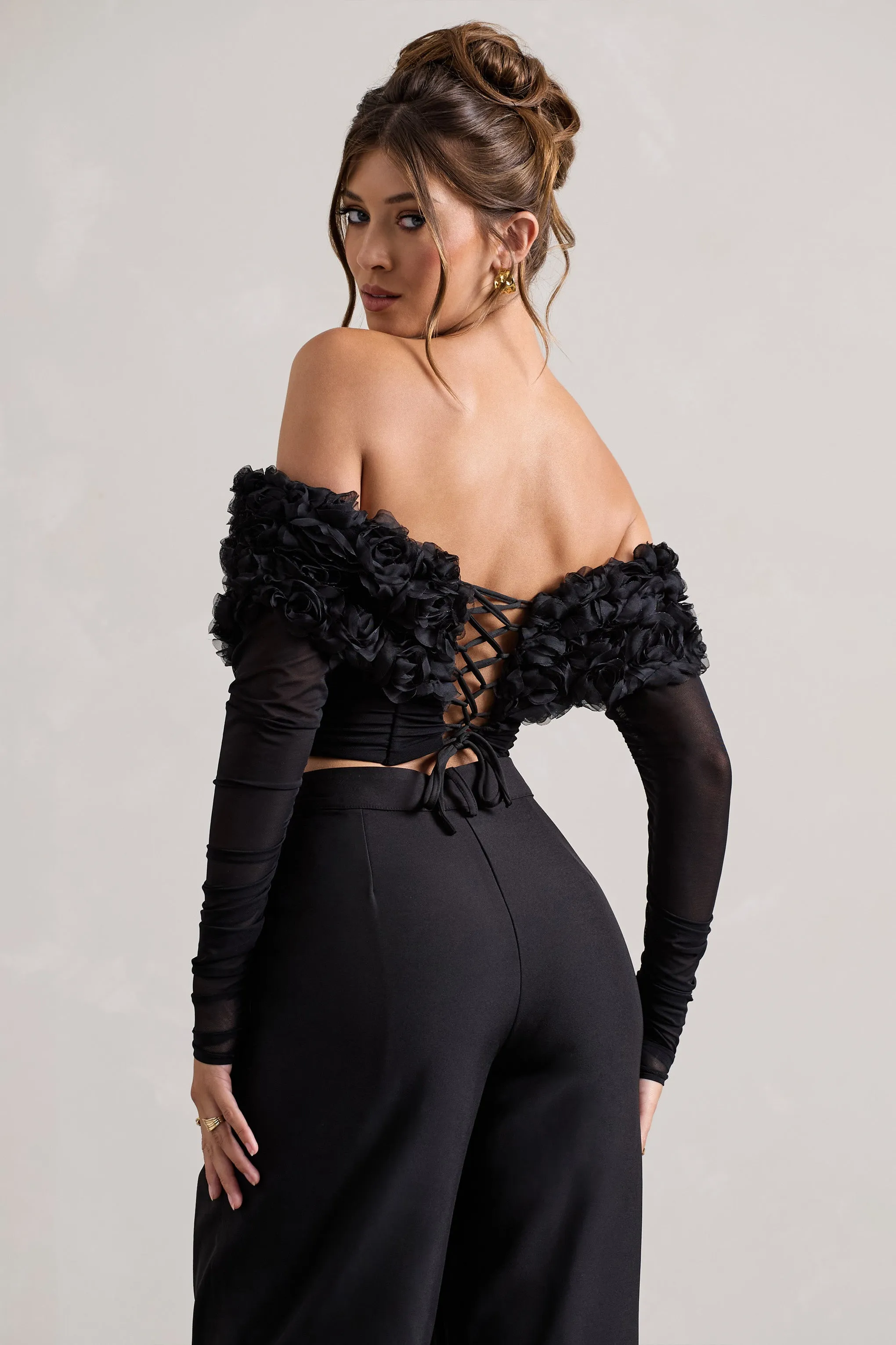 Libbie | Black Mesh Floral Bardot Top sold by Club L London product image thumbnail 2