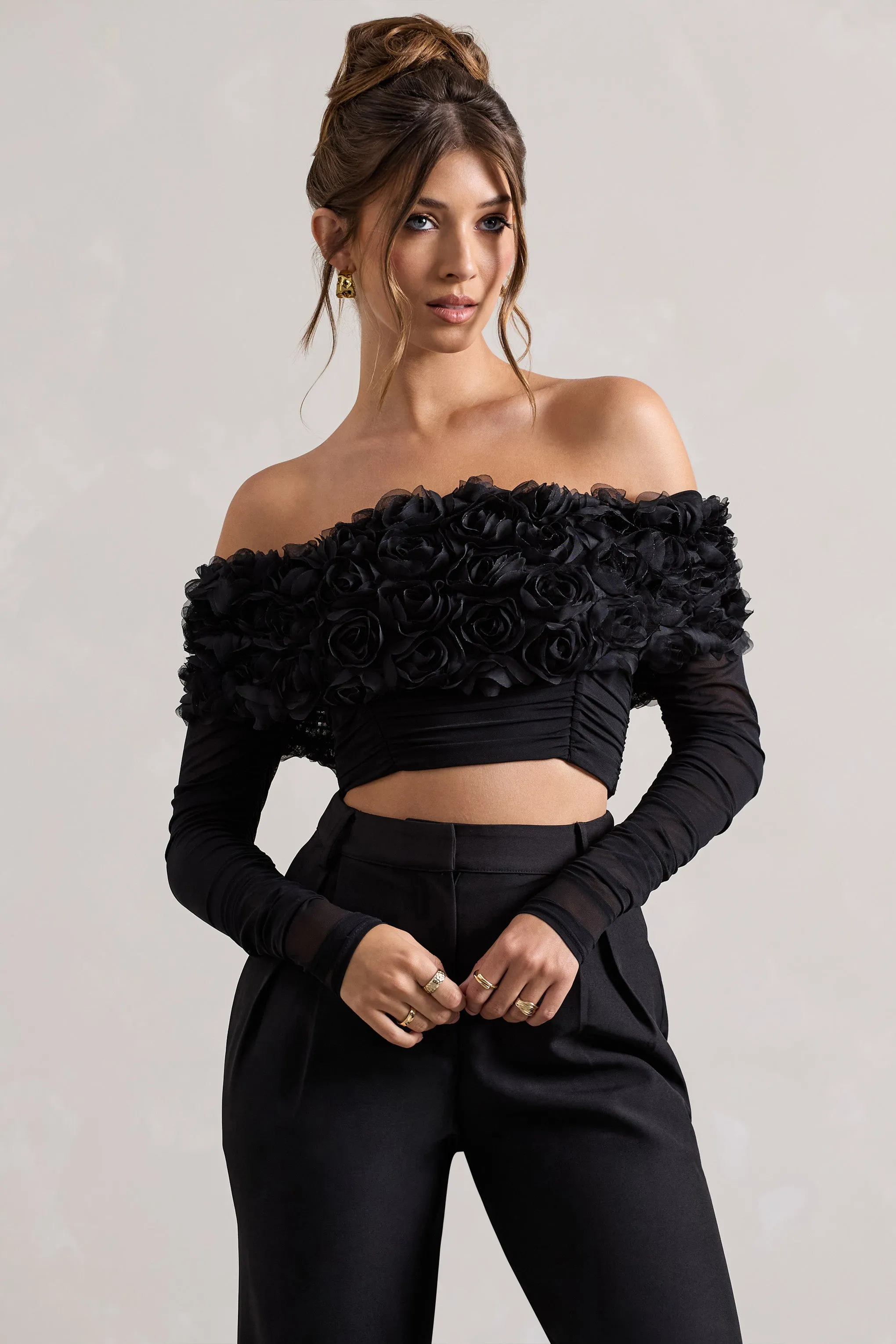 Libbie | Black Mesh Floral Bardot Top sold by Club L London product image thumbnail 3