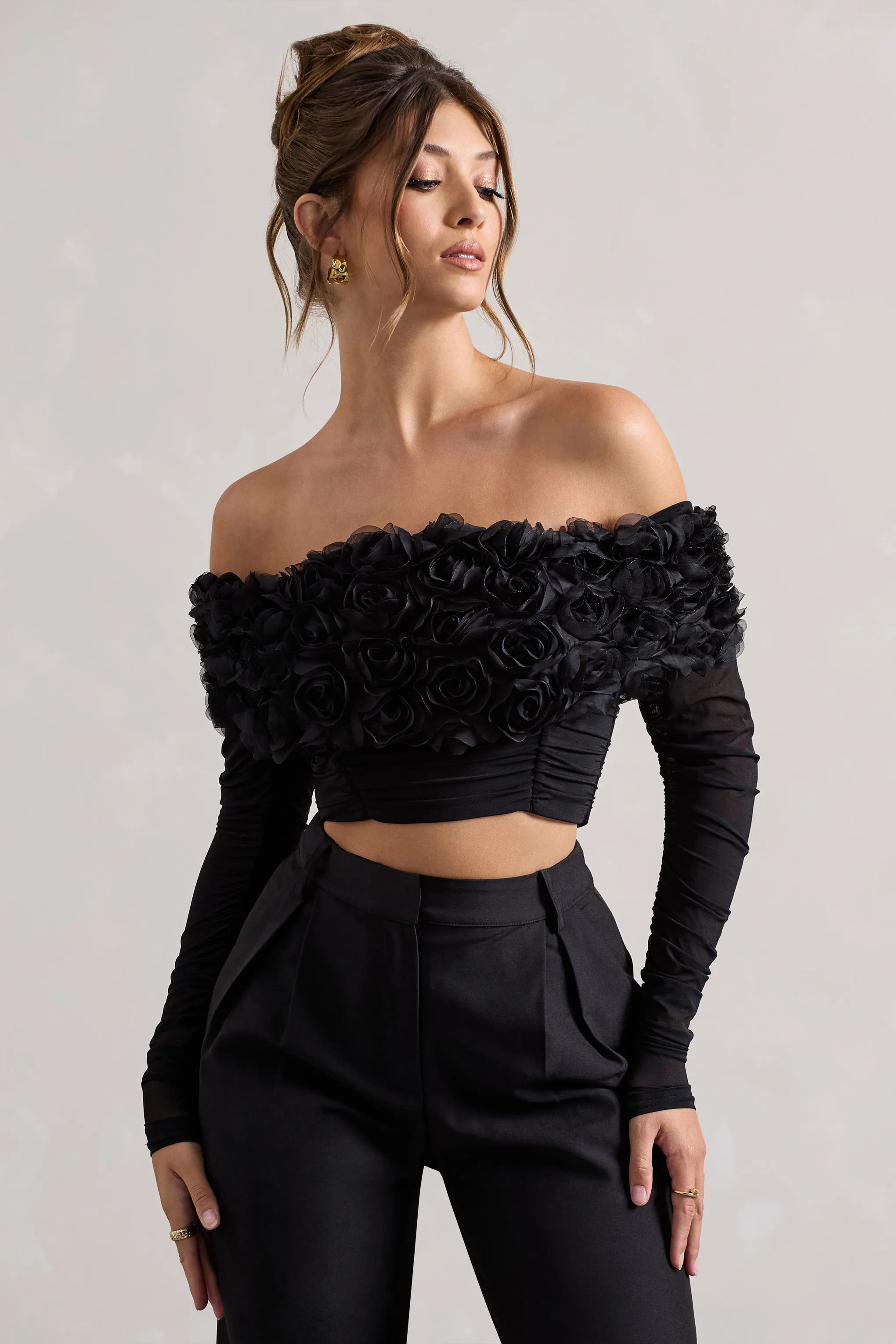 Libbie | Black Mesh Floral Bardot Top sold by Club L London