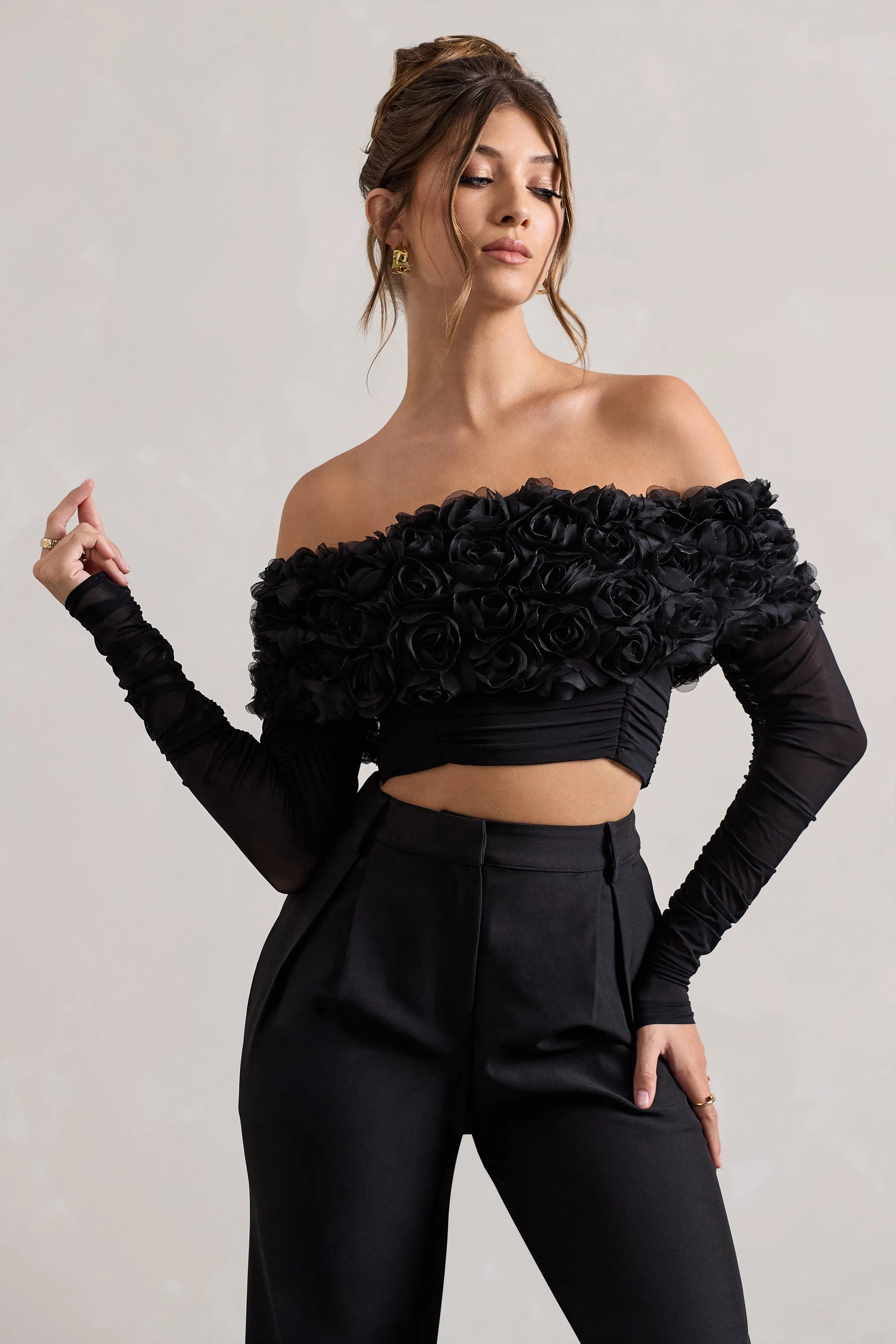 Libbie | Black Mesh Floral Bardot Top sold by Club L London product image thumbnail 4