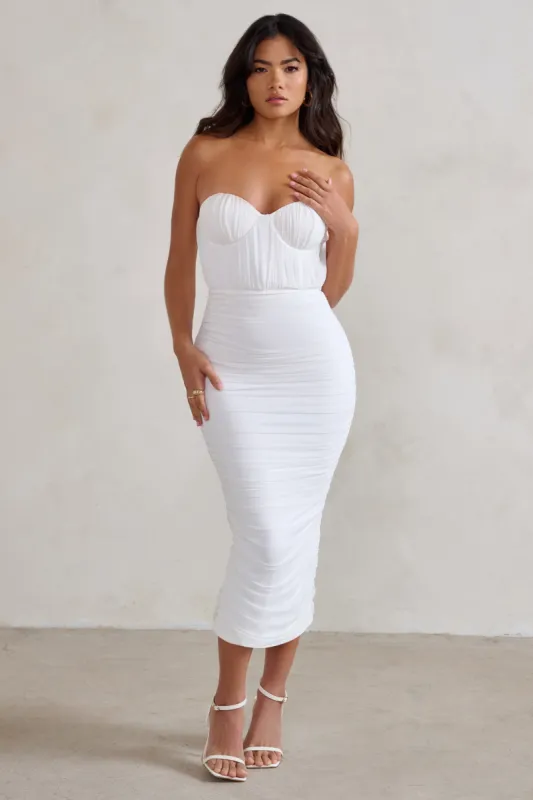 Deema | White Cupped Midi Dress With Mesh Overlay sold by Club L London