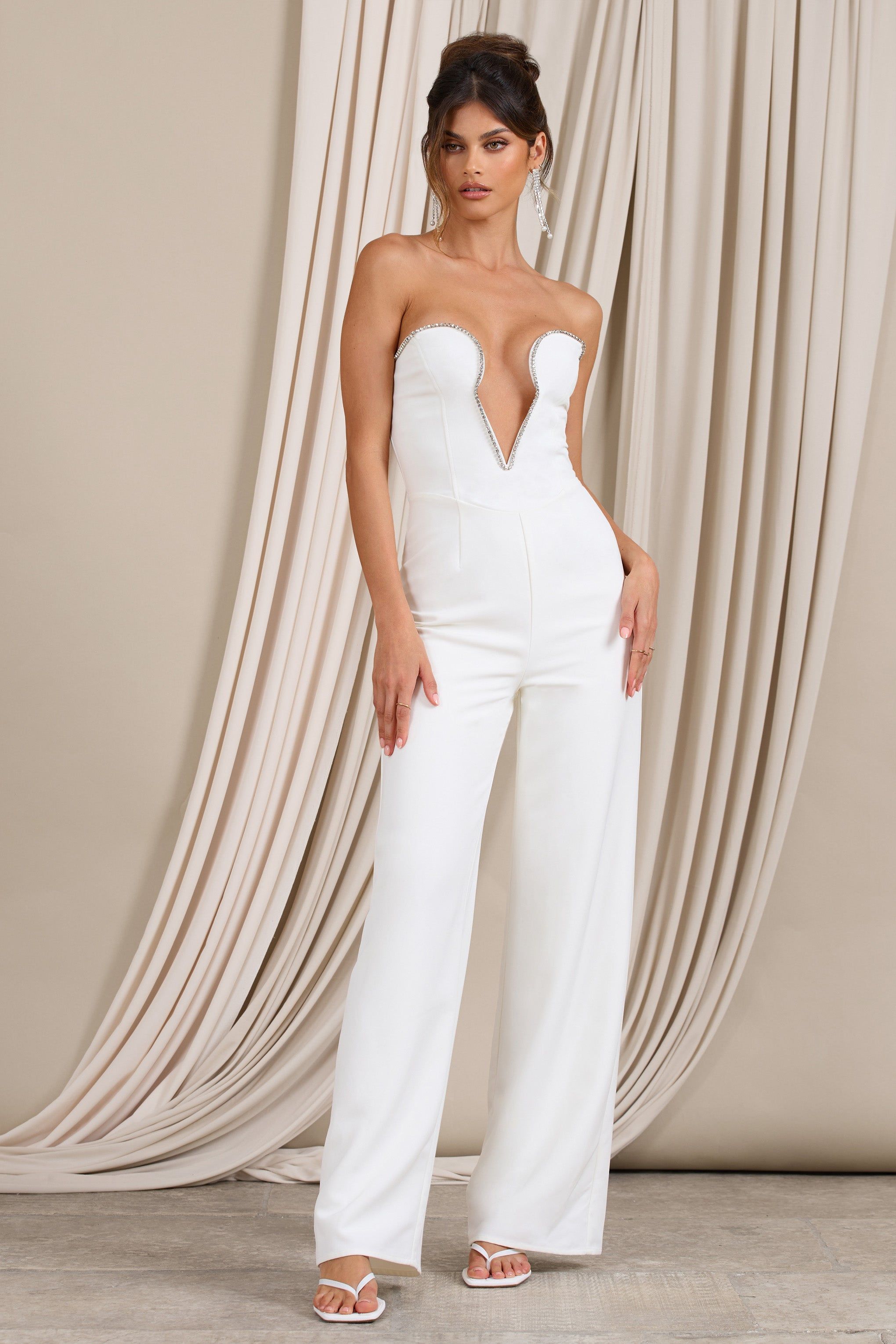 Julia | White Extreme Plunge Cut Out Wide Leg Jumpsuit sold by Club L London product image thumbnail 2