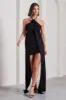 Enigmatic | Black Halter-Neck Draped Mini Dress With Floral Corsage sold by Club L London