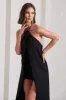 Enigmatic | Black Halter-Neck Draped Mini Dress With Floral Corsage sold by Club L London