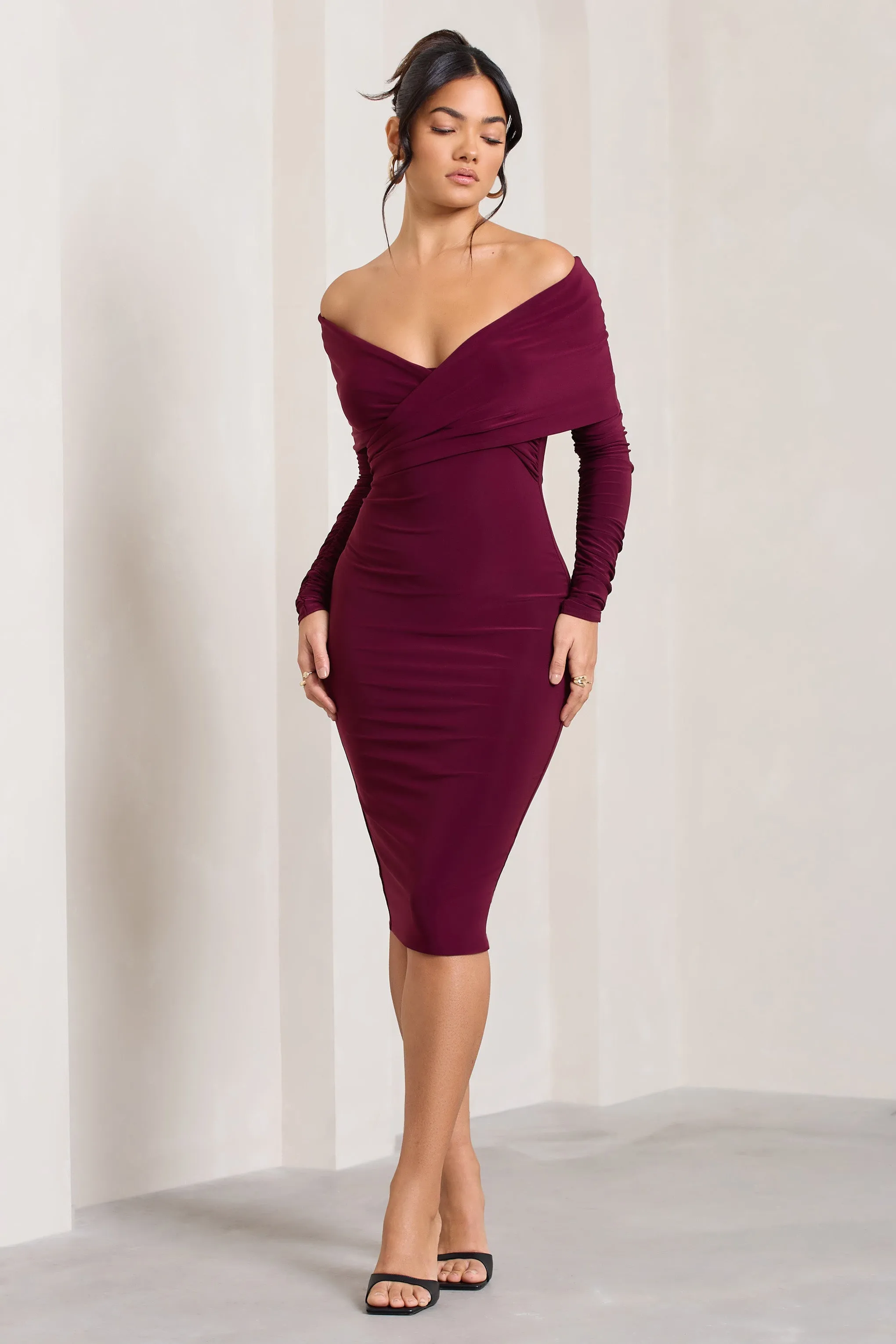 Flatter Me Burgundy Twist Front Bardot Midi Dress Parallel