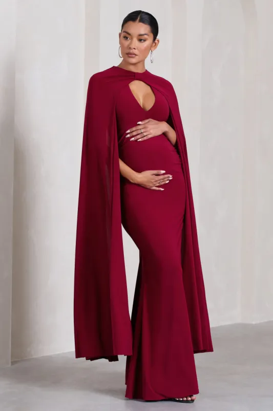 Standing Ovation | Berry Plunge-Neck Cape Maternity Maxi Dress sold by Club L London