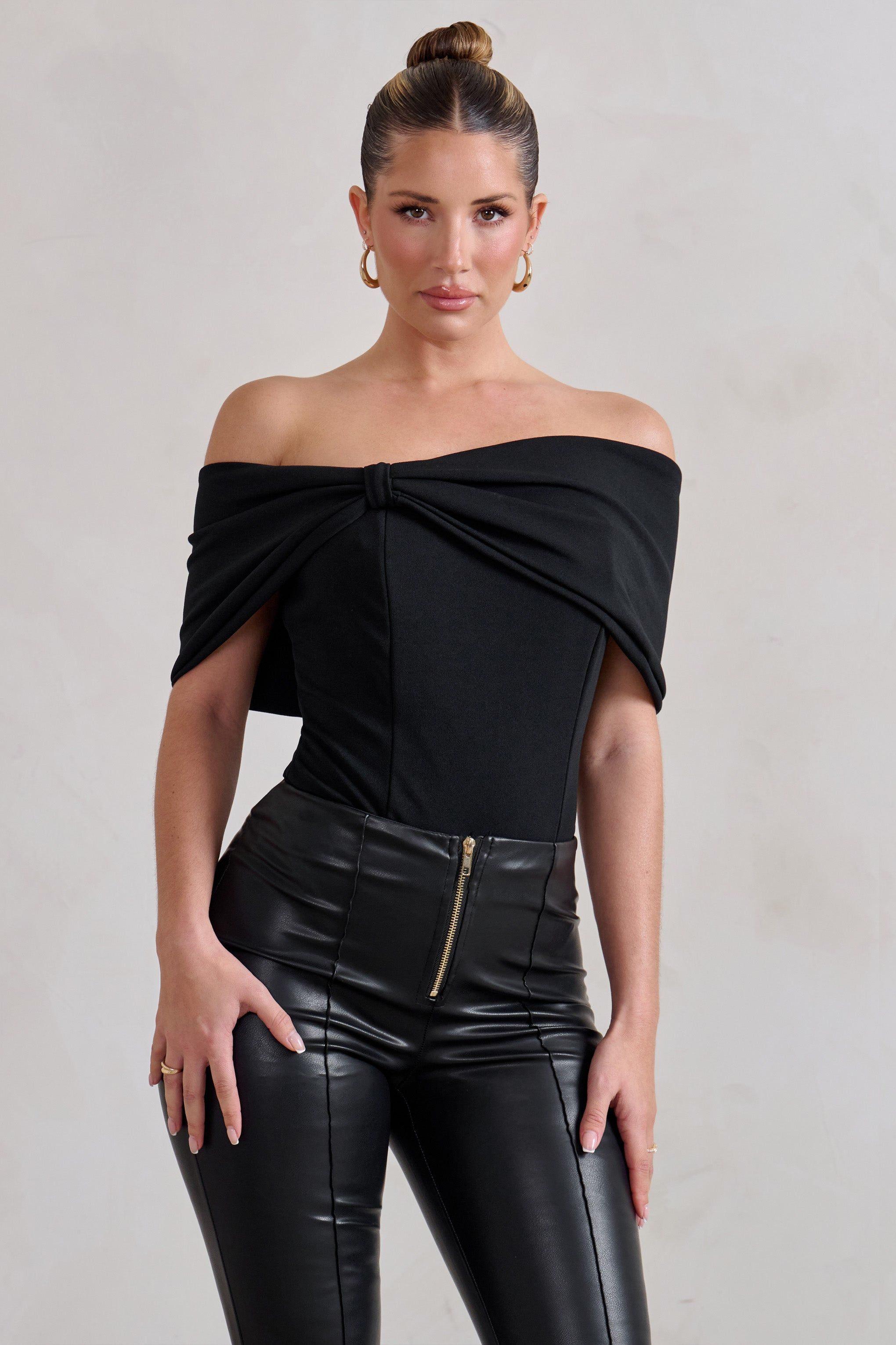 Lillian | Black Bardot Bow Detail Bodysuit sold by Club L London product image thumbnail 5