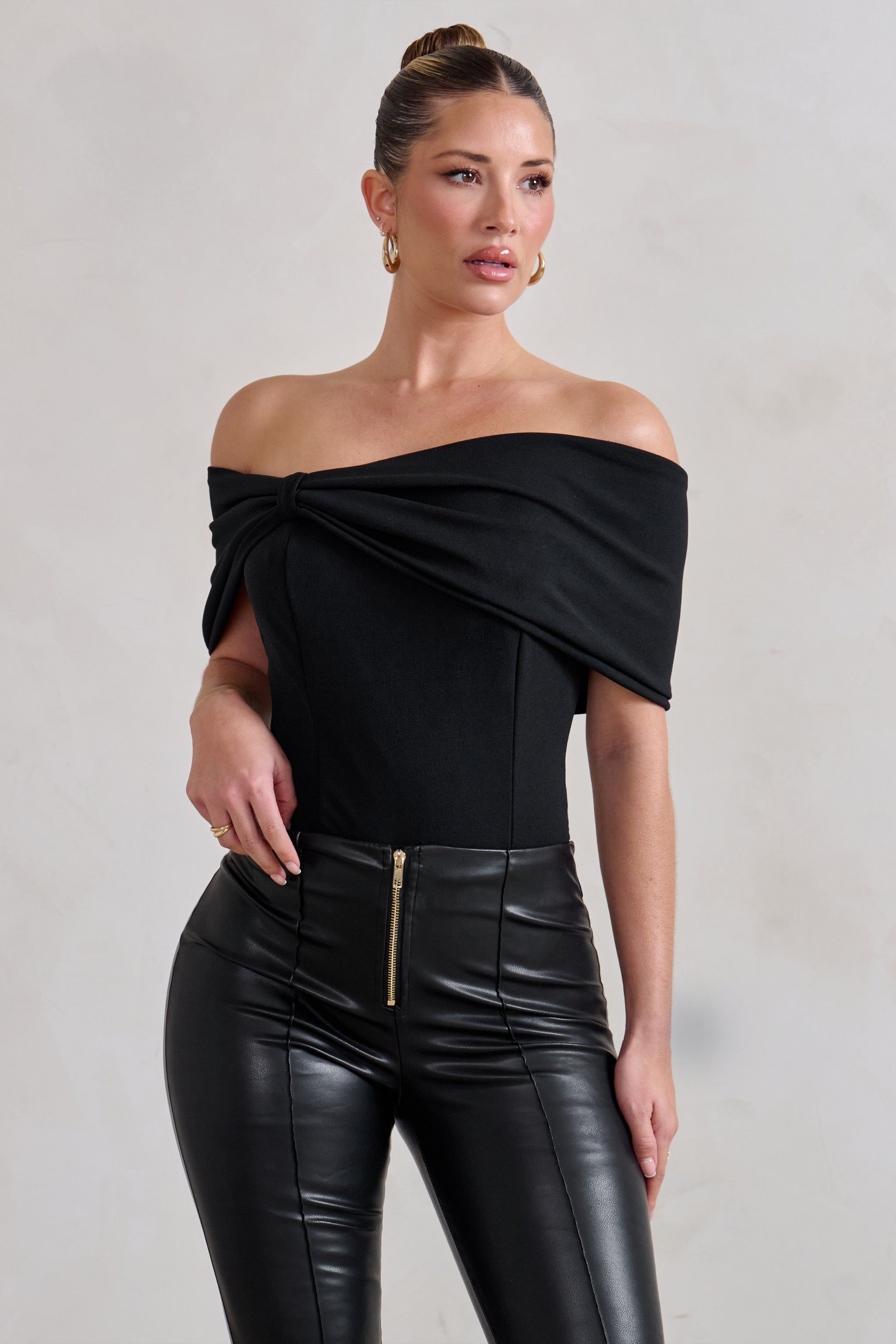 Lillian | Black Bardot Bow Detail Bodysuit sold by Club L London product image thumbnail 3