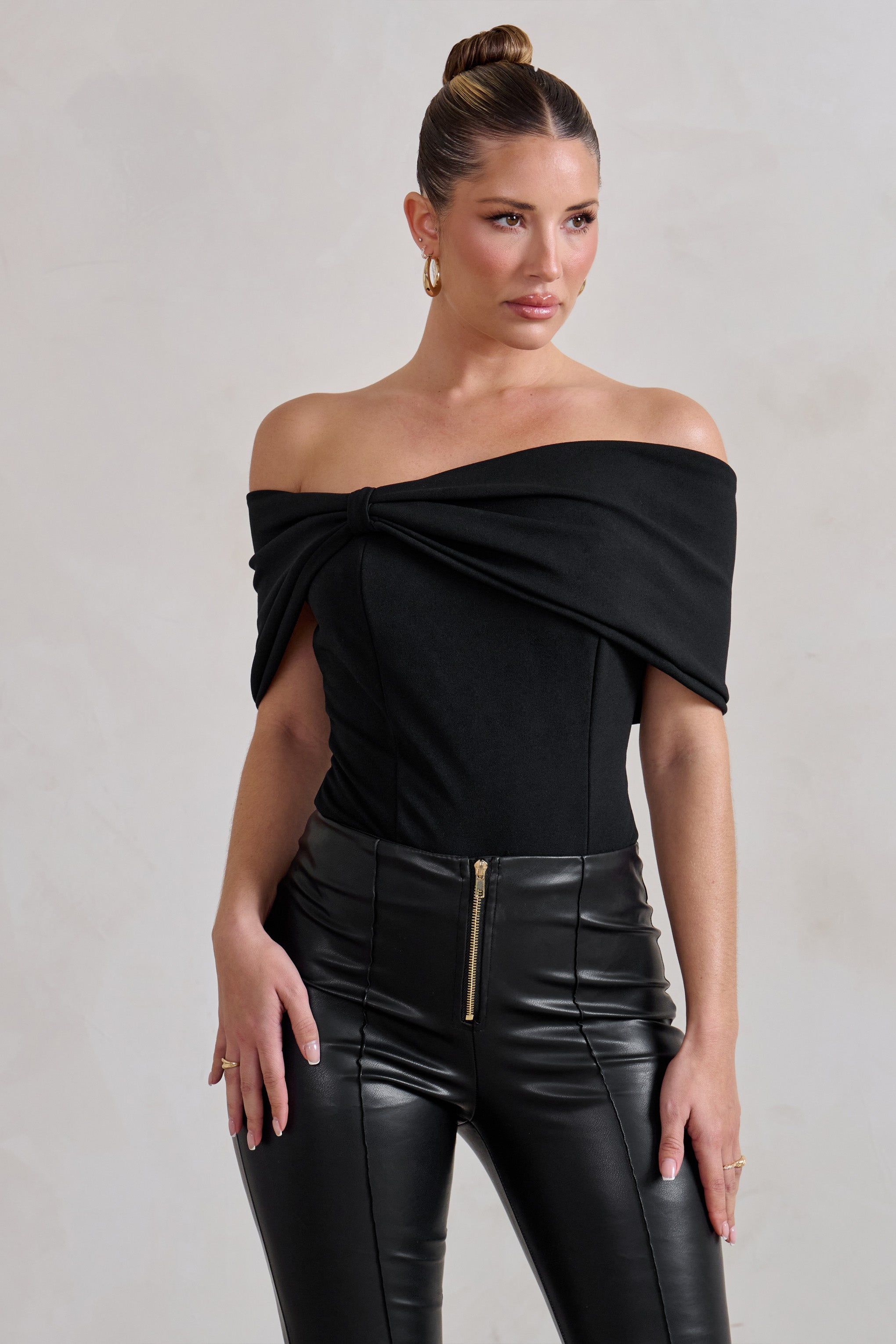 Lillian | Black Bardot Bow Detail Bodysuit sold by Club L London product image thumbnail 4