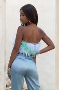 Dream Daze | Powder Blue and Mint Mix Feather Bandeau Crop Top sold by Club L London