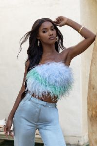 Dream Daze | Powder Blue and Mint Mix Feather Bandeau Crop Top sold by Club L London