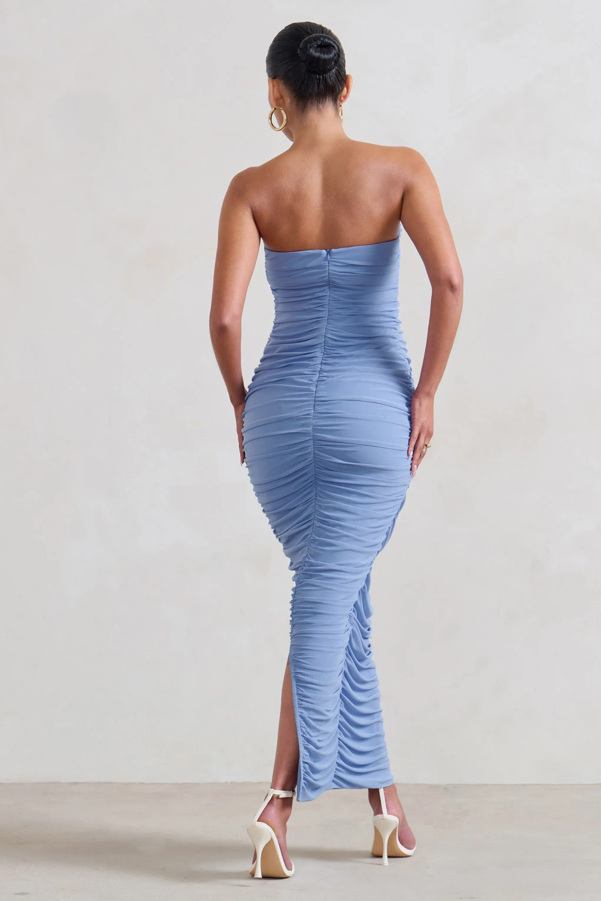 My Lady | Maternity Powder Blue Strapless Bodycon Ruched Mesh Maxi Dress sold by Club L London product image thumbnail 2