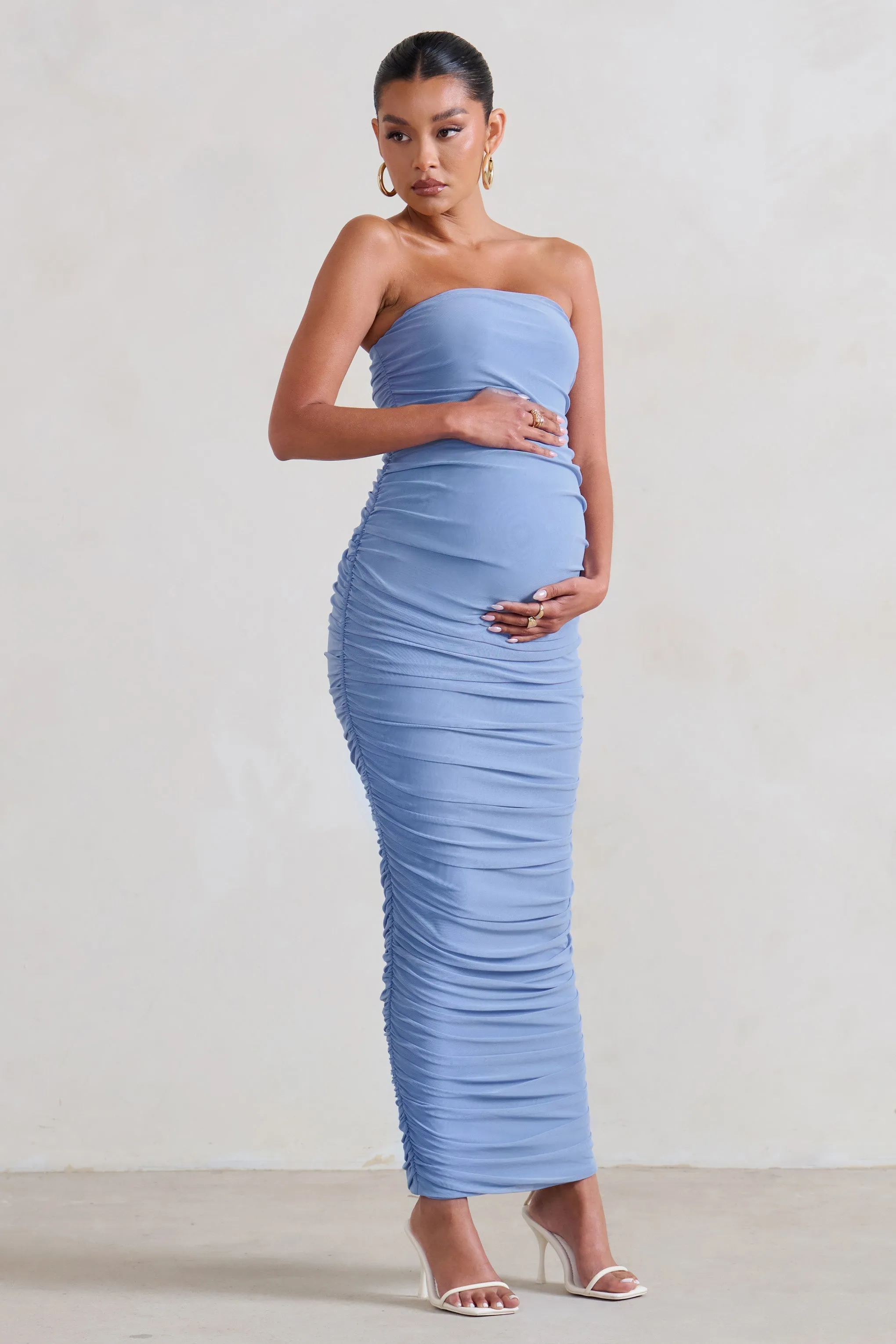 My Lady | Maternity Powder Blue Strapless Bodycon Ruched Mesh Maxi Dress sold by Club L London