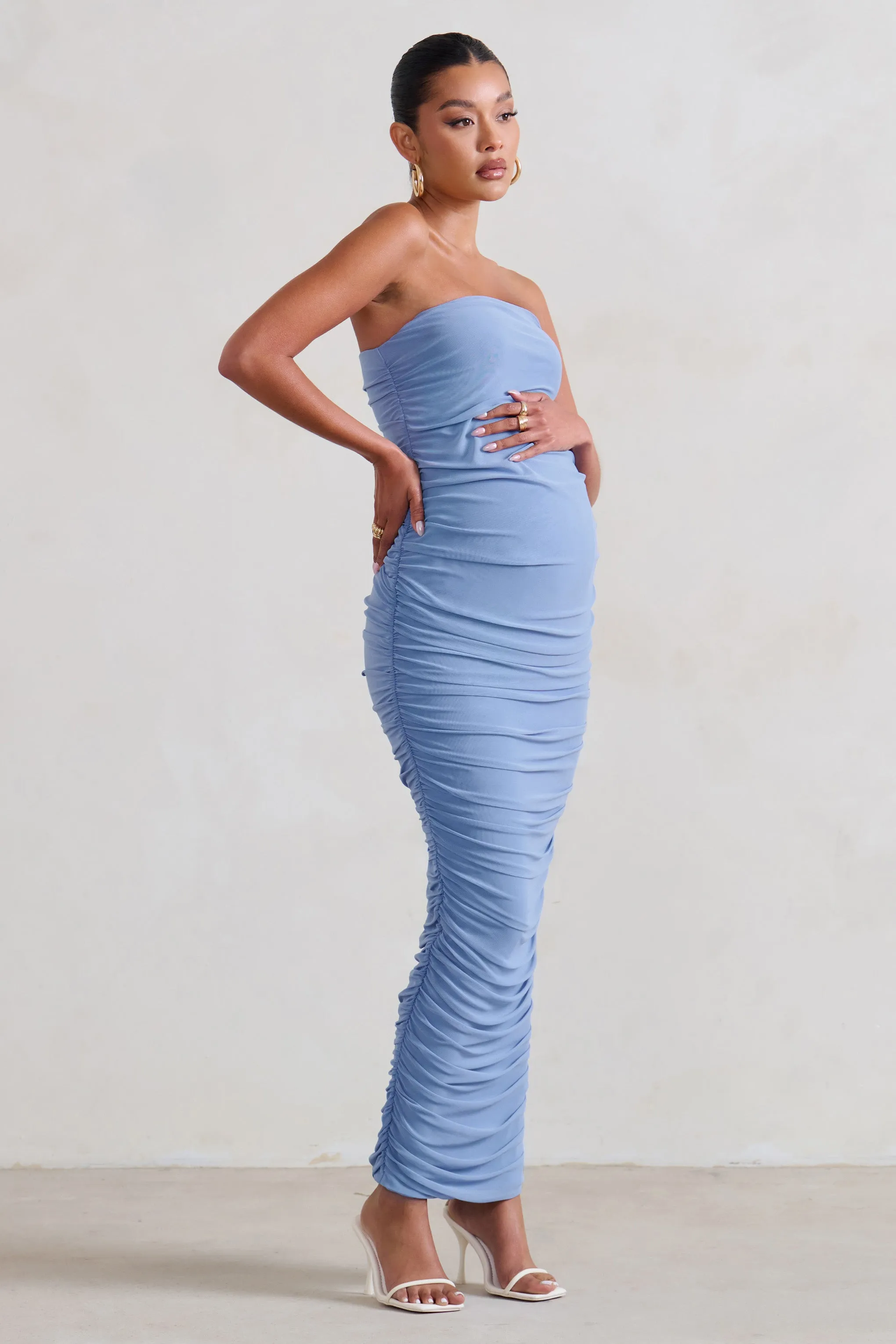 My Lady | Maternity Powder Blue Strapless Bodycon Ruched Mesh Maxi Dress sold by Club L London product image thumbnail 5