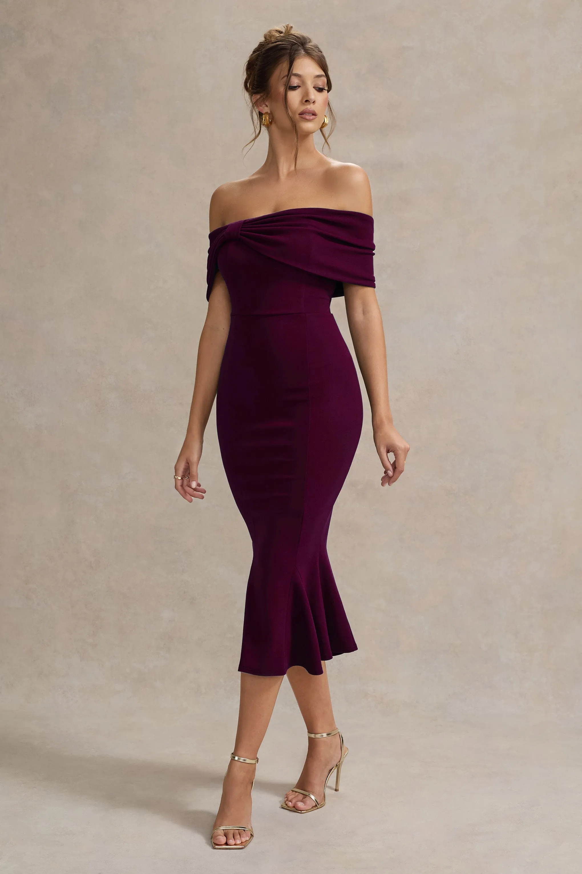 Lydia | Plum Bardot Bow Detail Midi Dress sold by Club L London product image thumbnail 4