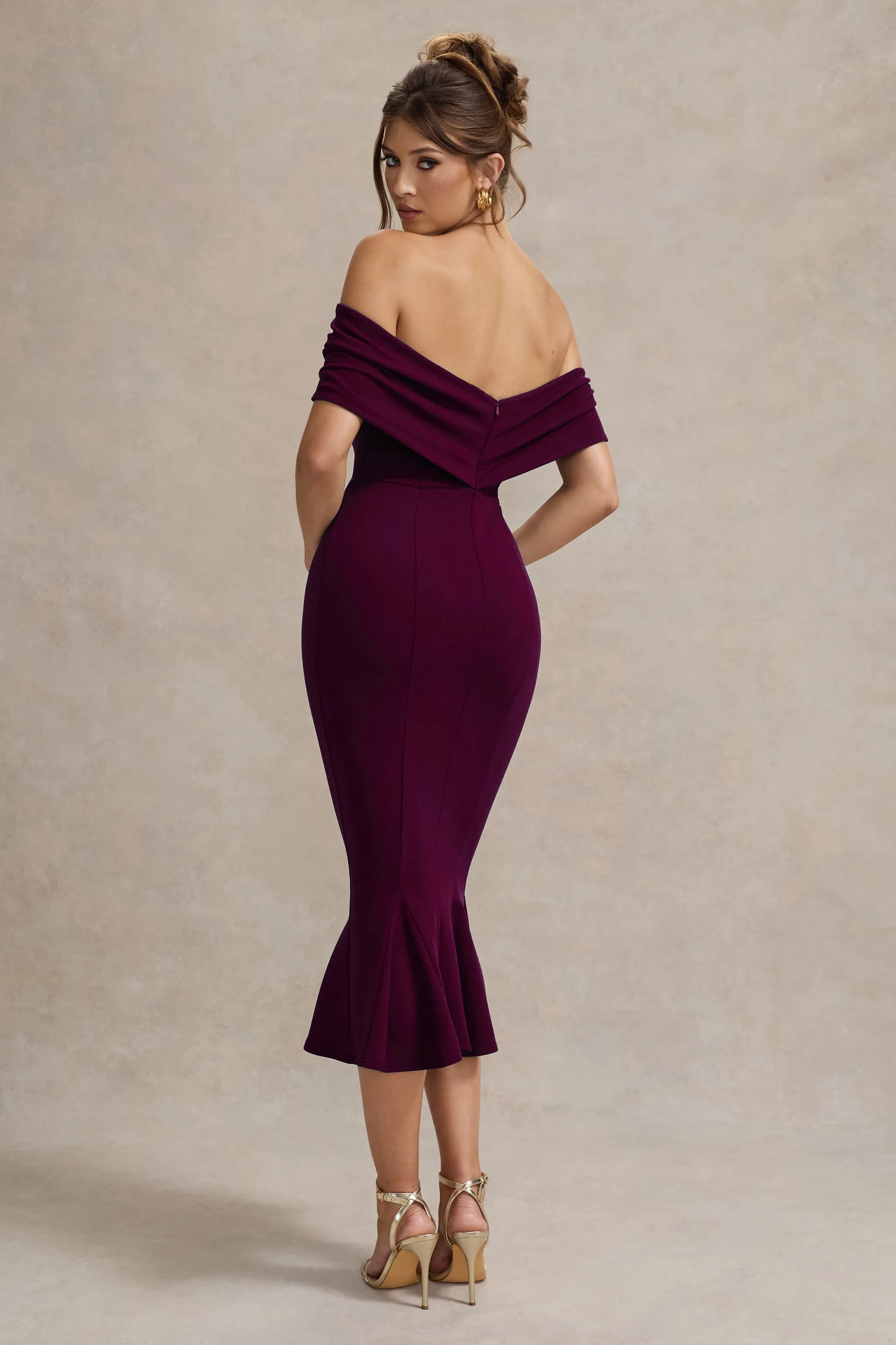 Lydia | Plum Bardot Bow Detail Midi Dress sold by Club L London product image thumbnail 2