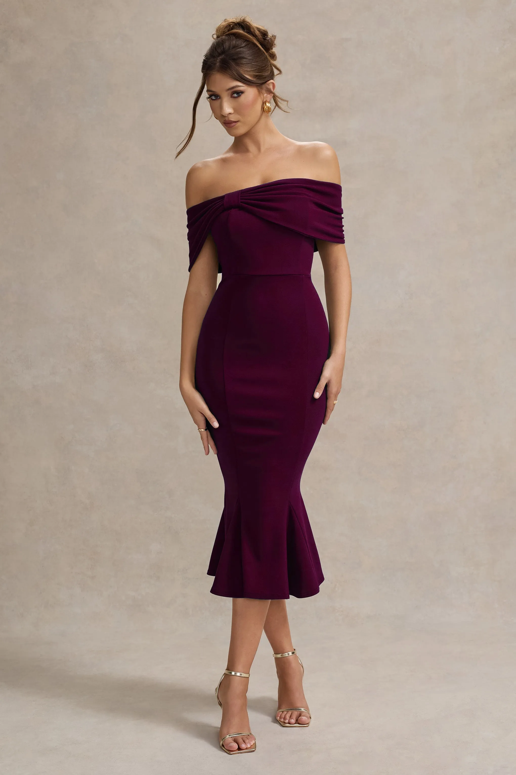 Lydia | Plum Bardot Bow Detail Midi Dress sold by Club L London product image thumbnail 5