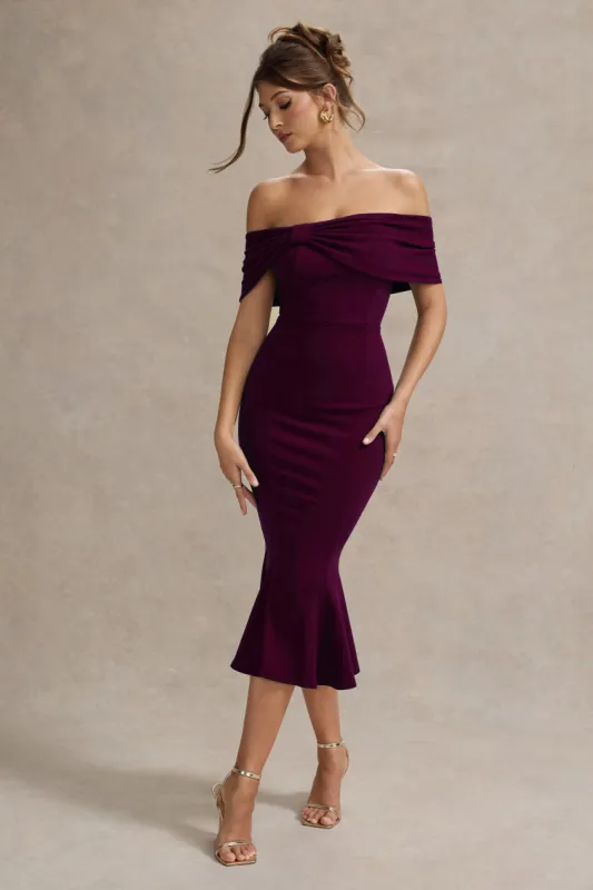 Lydia | Plum Bardot Bow Detail Midi Dress sold by Club L London