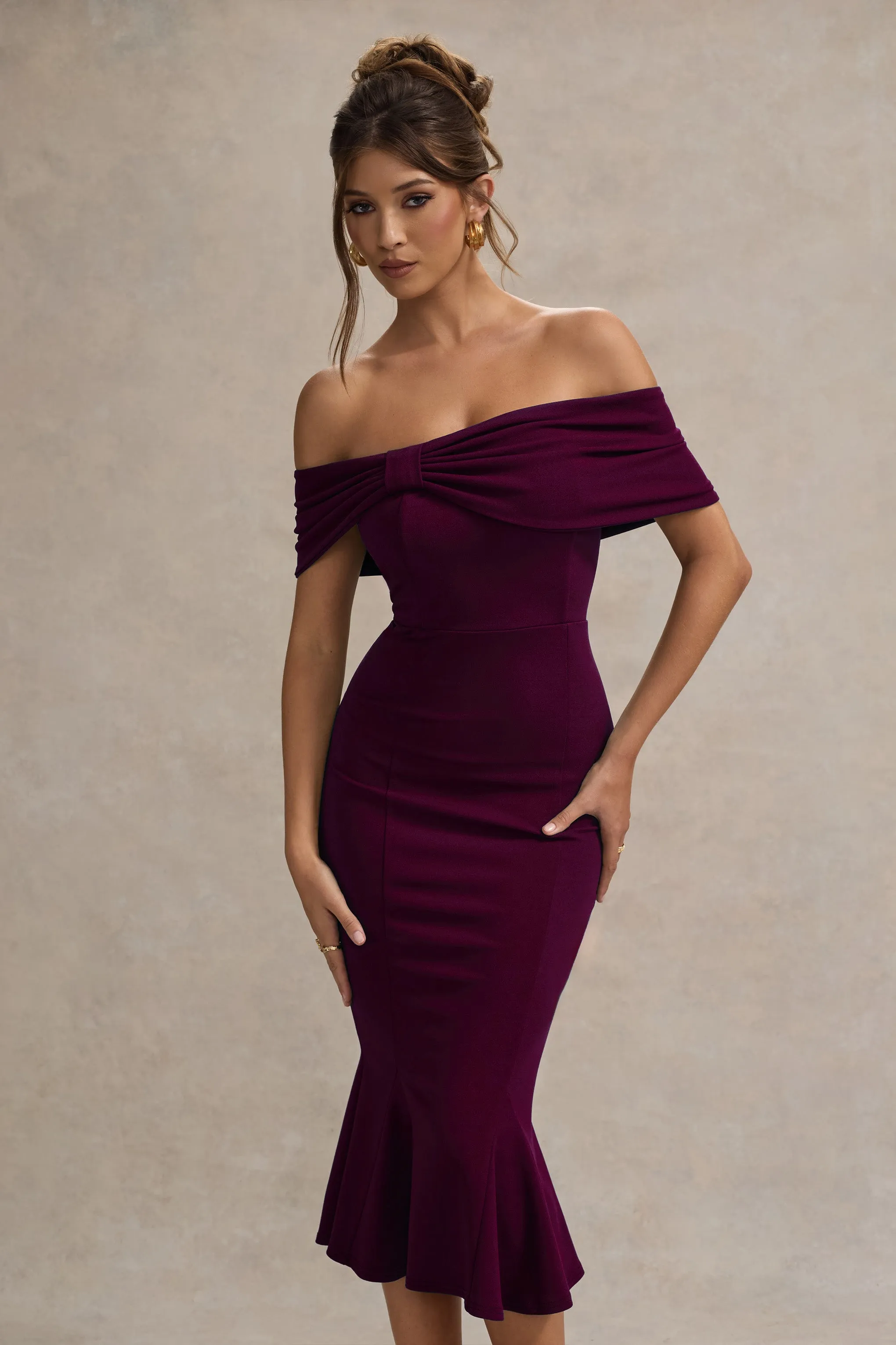 Lydia | Plum Bardot Bow Detail Midi Dress sold by Club L London product image thumbnail 3