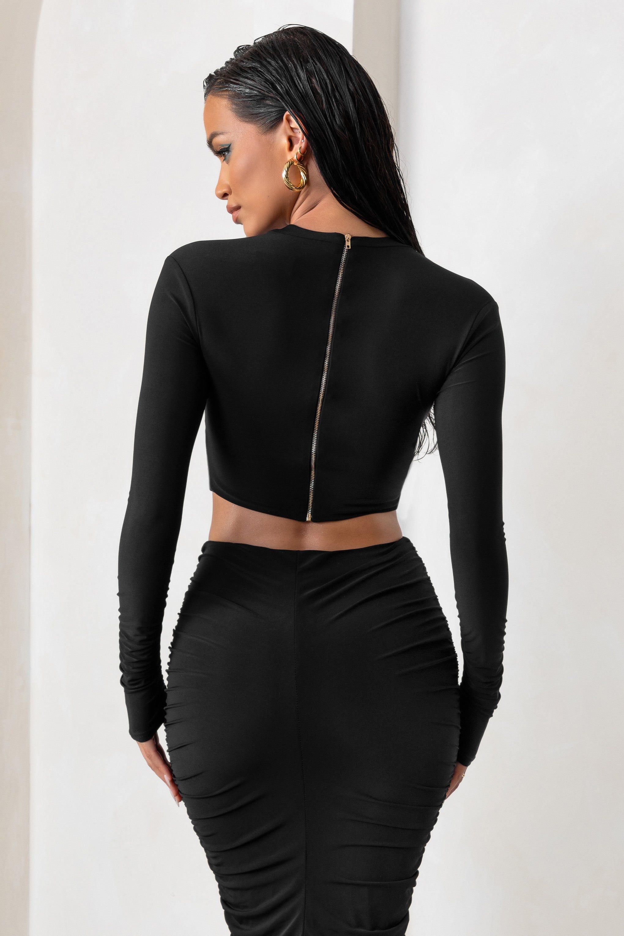 Admirable | Black Plunge Neck Twist Front Crop Top With Long Sleeves sold by Club L London product image thumbnail 2