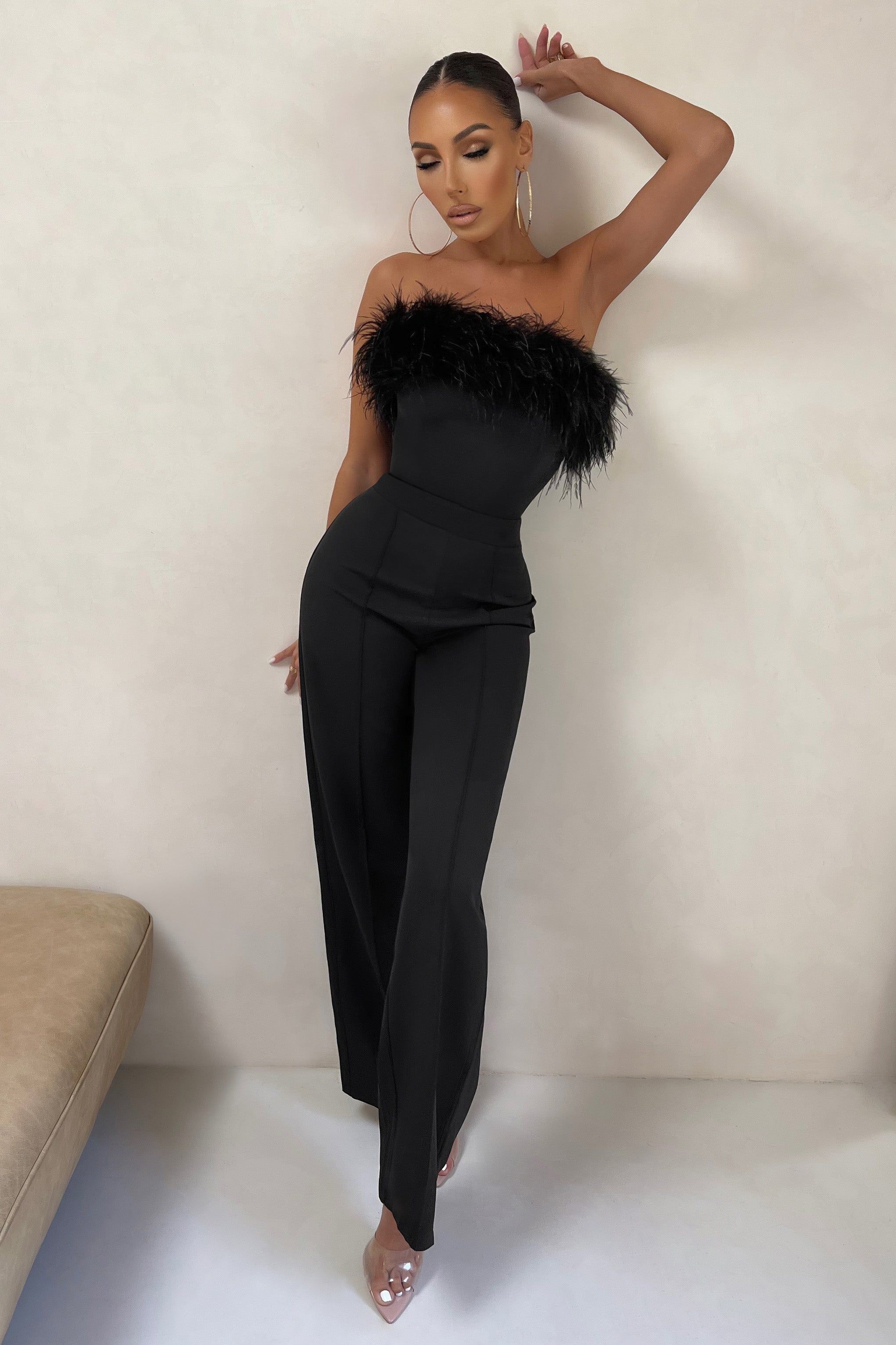 First Class | Black Petite Bandeau Feather Wide Leg jumpsuit sold by Club L London