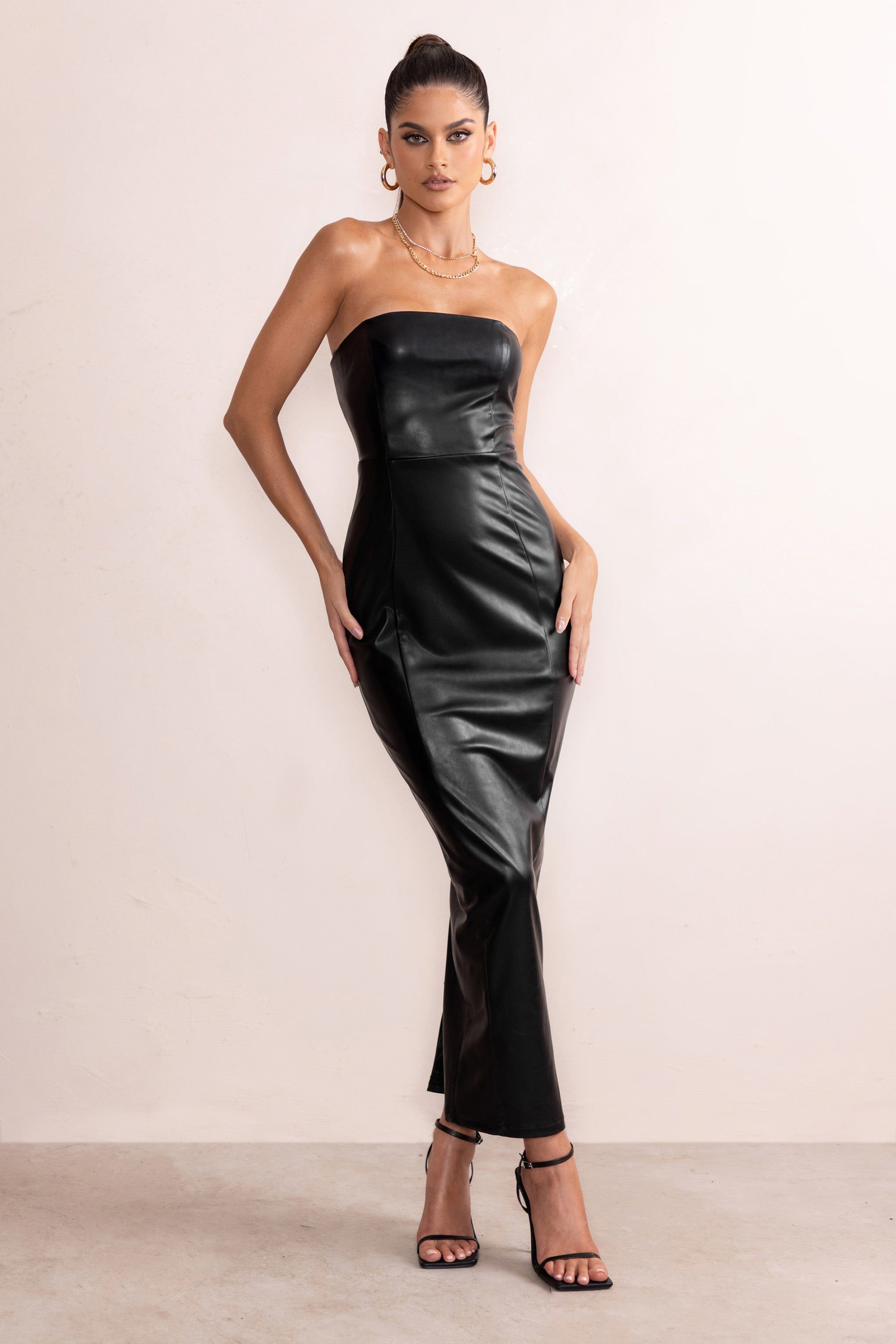 My Moment | Black Faux Leather Strapless Bodycon Maxi Dress sold by Club L London product image thumbnail 4