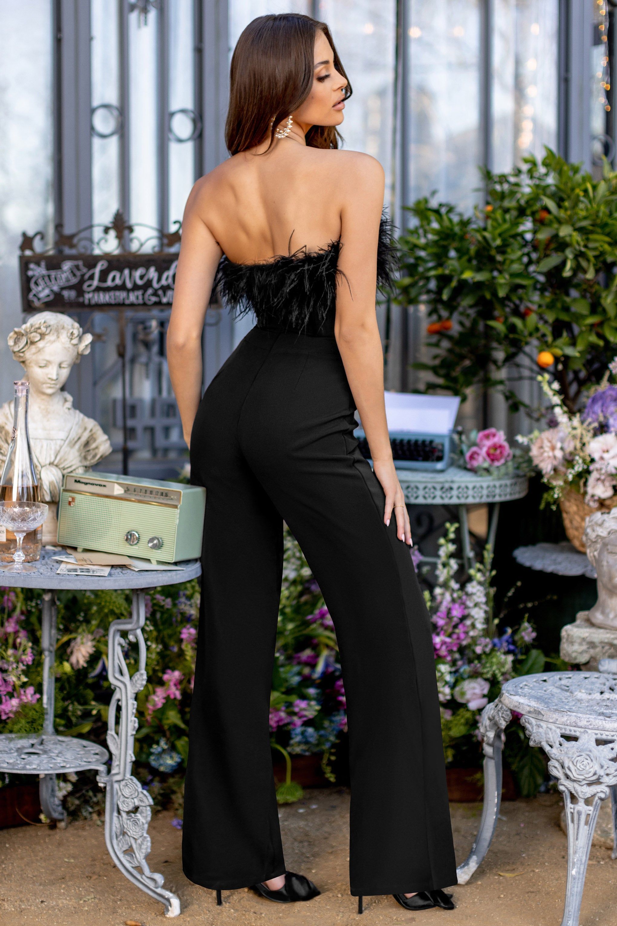 First Class | Black Petite Bandeau Feather Wide Leg jumpsuit sold by Club L London product image thumbnail 6