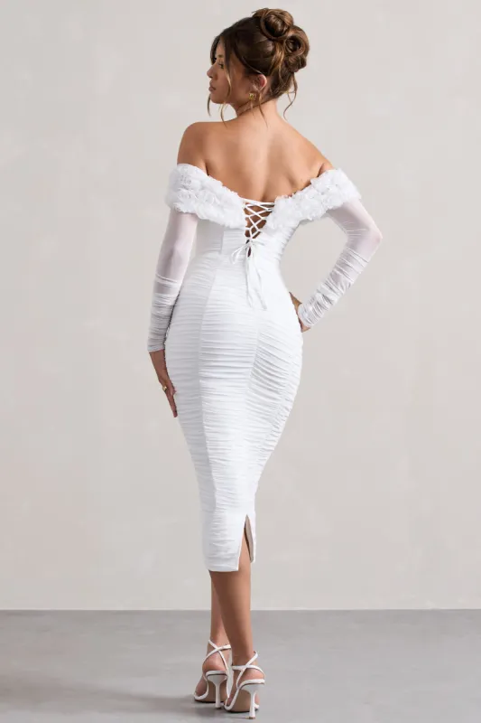 Sierra | White Mesh Ruched Floral Bardot Lace-Up Midi Dress | Parallel Sierra | White Mesh Ruched Floral Bardot Lace-Up Midi Dress | Parallel
