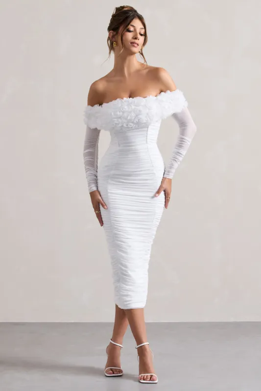 Sierra | White Mesh Ruched Floral Bardot Lace-Up Midi Dress sold by Club L London