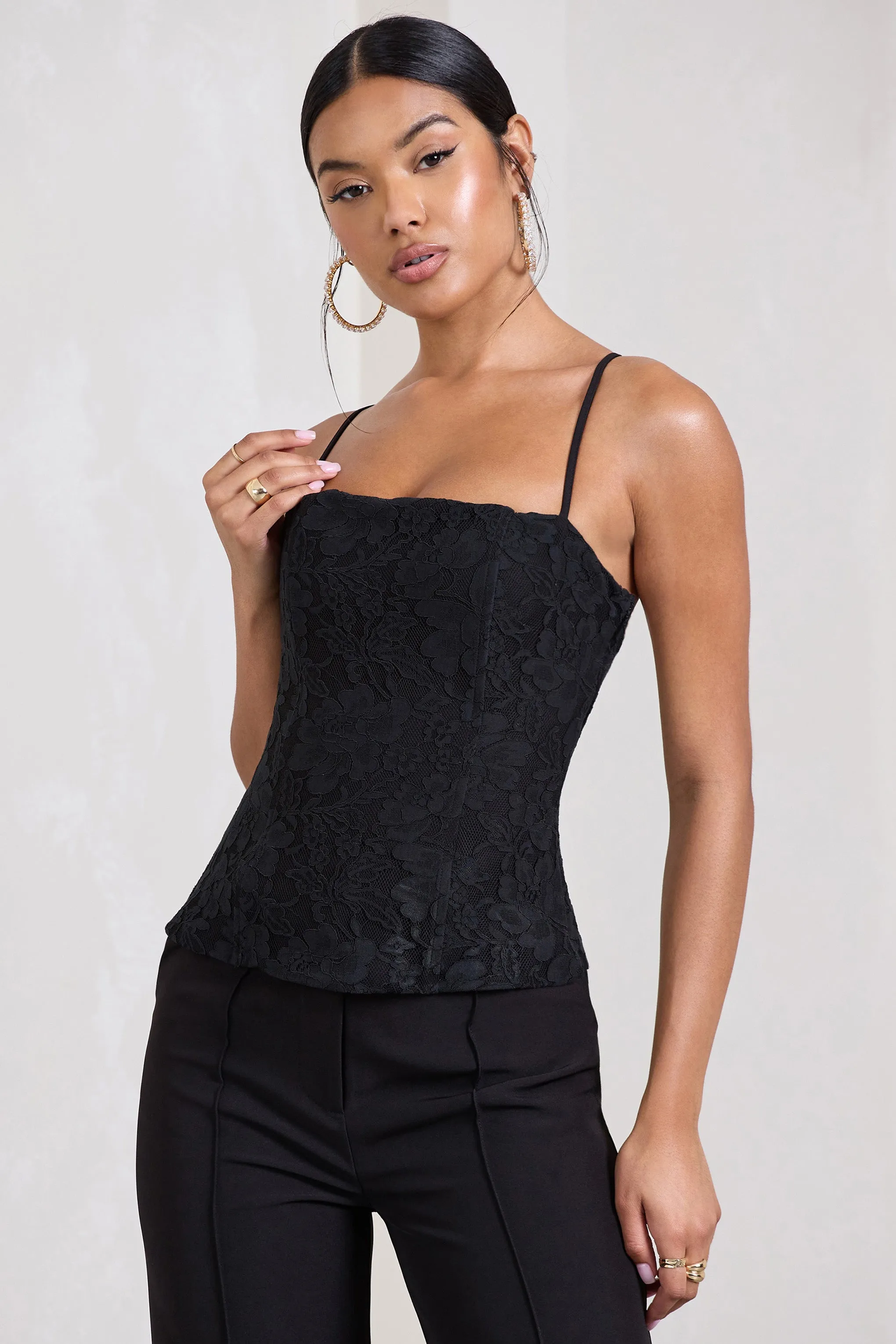 Last Look | Black Lace Strappy Corset Top sold by Club L London
