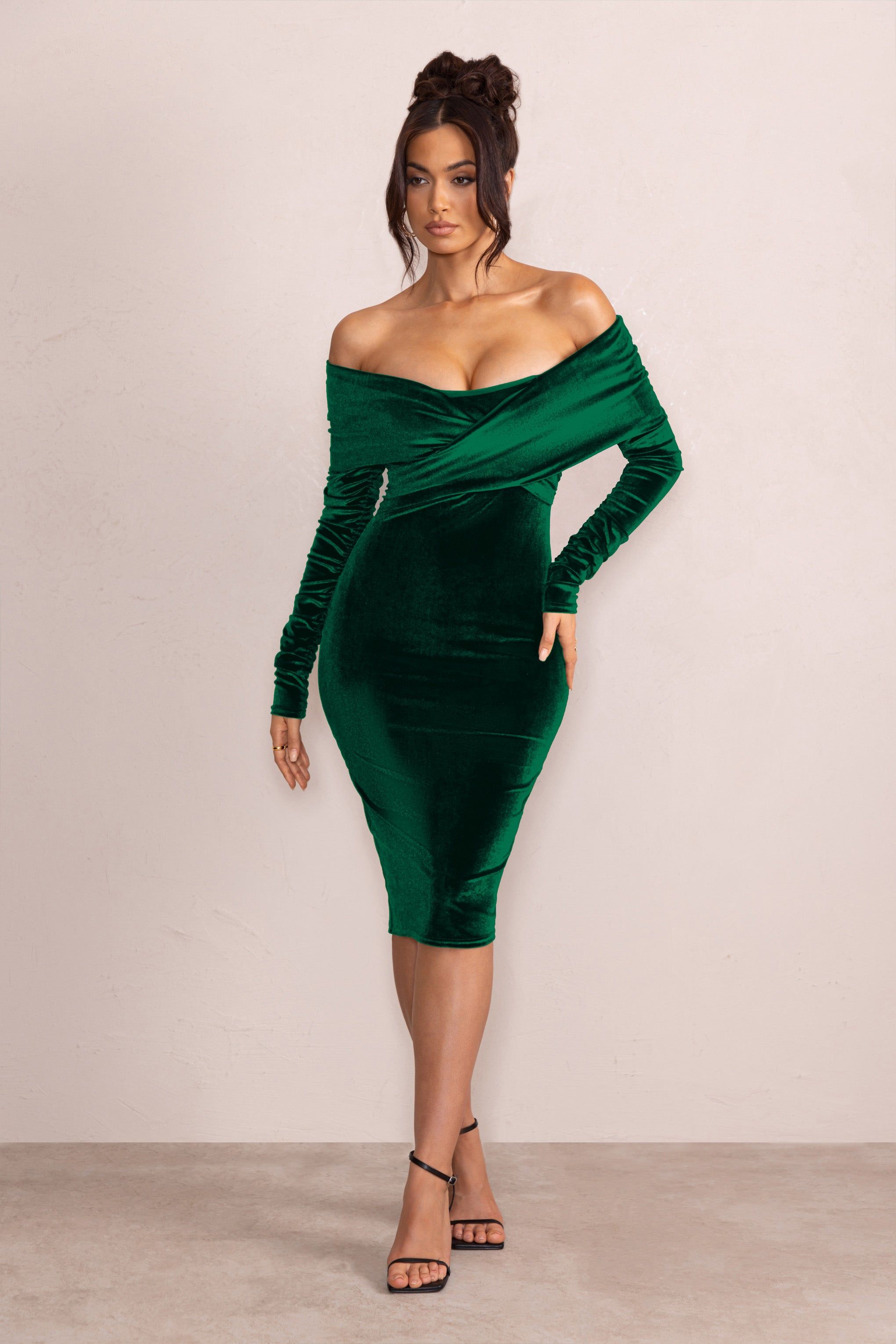 Flatter Me | Bottle Green Velvet Twist Front Bardot Midi Dress sold by Club L London product image thumbnail 5