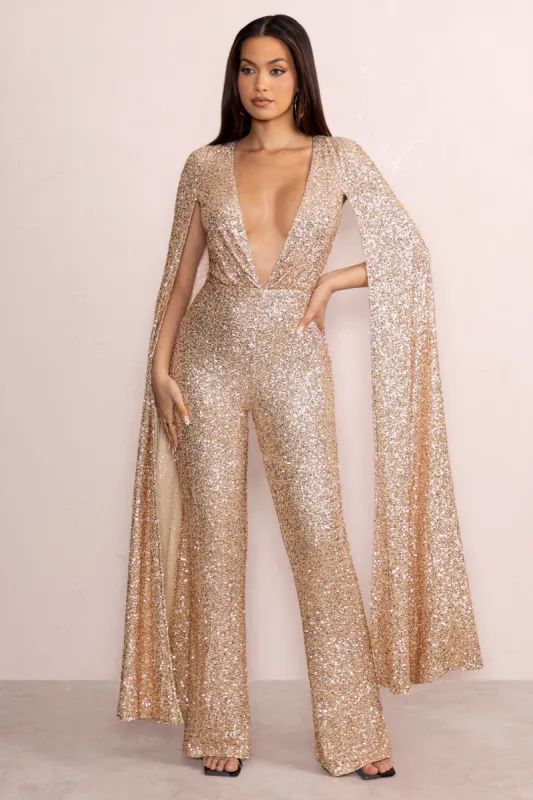 Noella | Gold Sequin Wide Leg Plunge Jumpsuit with Floor Length Cape Sleeves sold by Club L London
